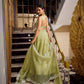 Lorenvalley Parrot Green Gold Crush Fabric Plain Lehenga with Sequins and Thread Embroidery with Jarkan Diamond Work Choli and Dupatta | Swadesiicart