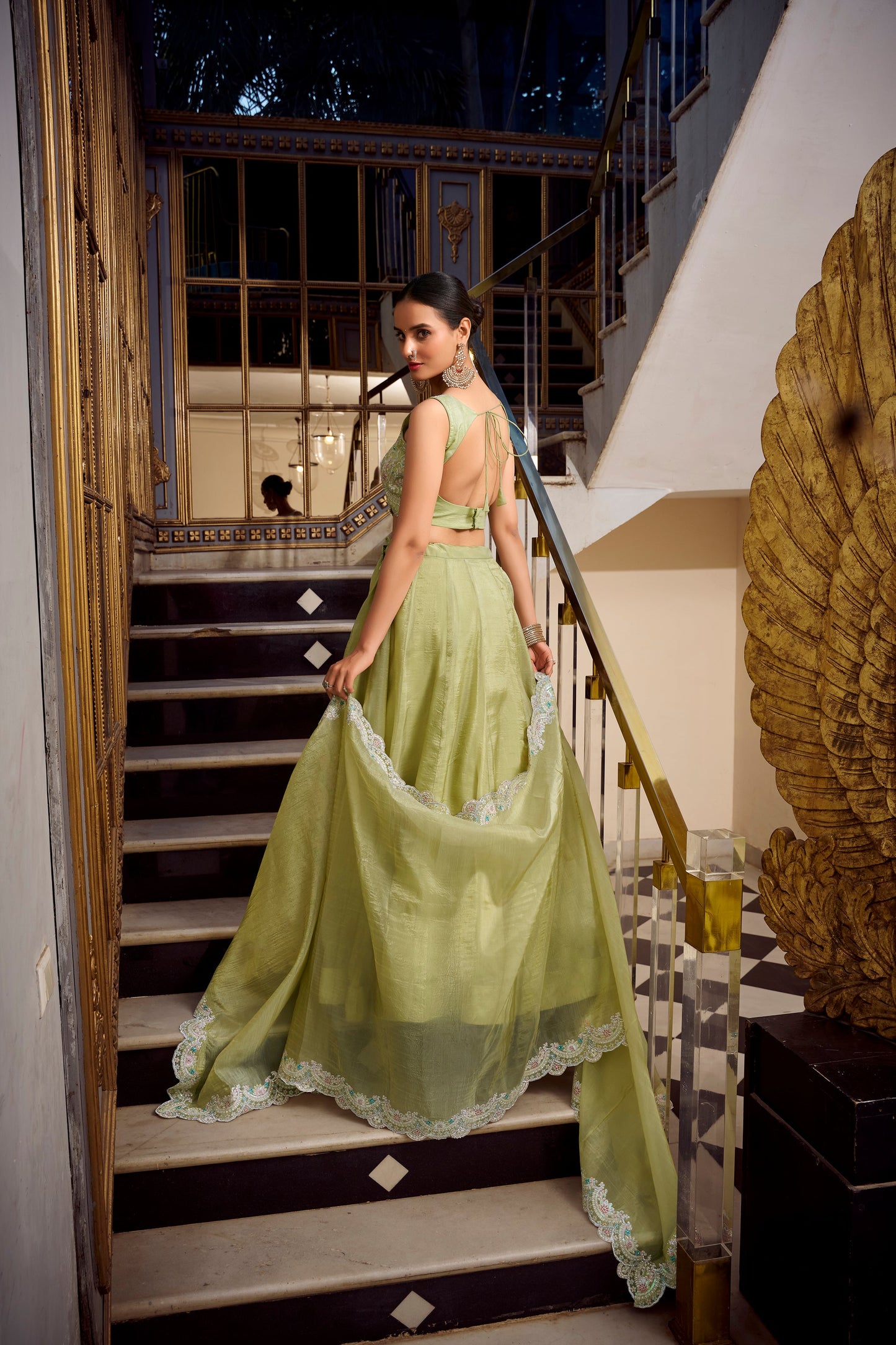 Lorenvalley Parrot Green Gold Crush Fabric Plain Lehenga with Sequins and Thread Embroidery with Jarkan Diamond Work Choli and Dupatta | Swadesiicart