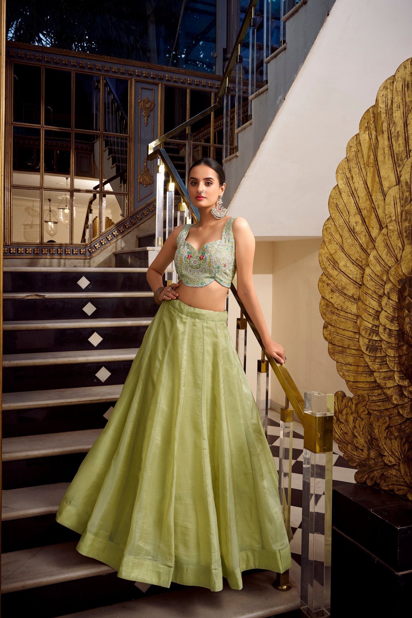 Lorenvalley Parrot Green Gold Crush Fabric Plain Lehenga with Sequins and Thread Embroidery with Jarkan Diamond Work Choli and Dupatta | Swadesiicart