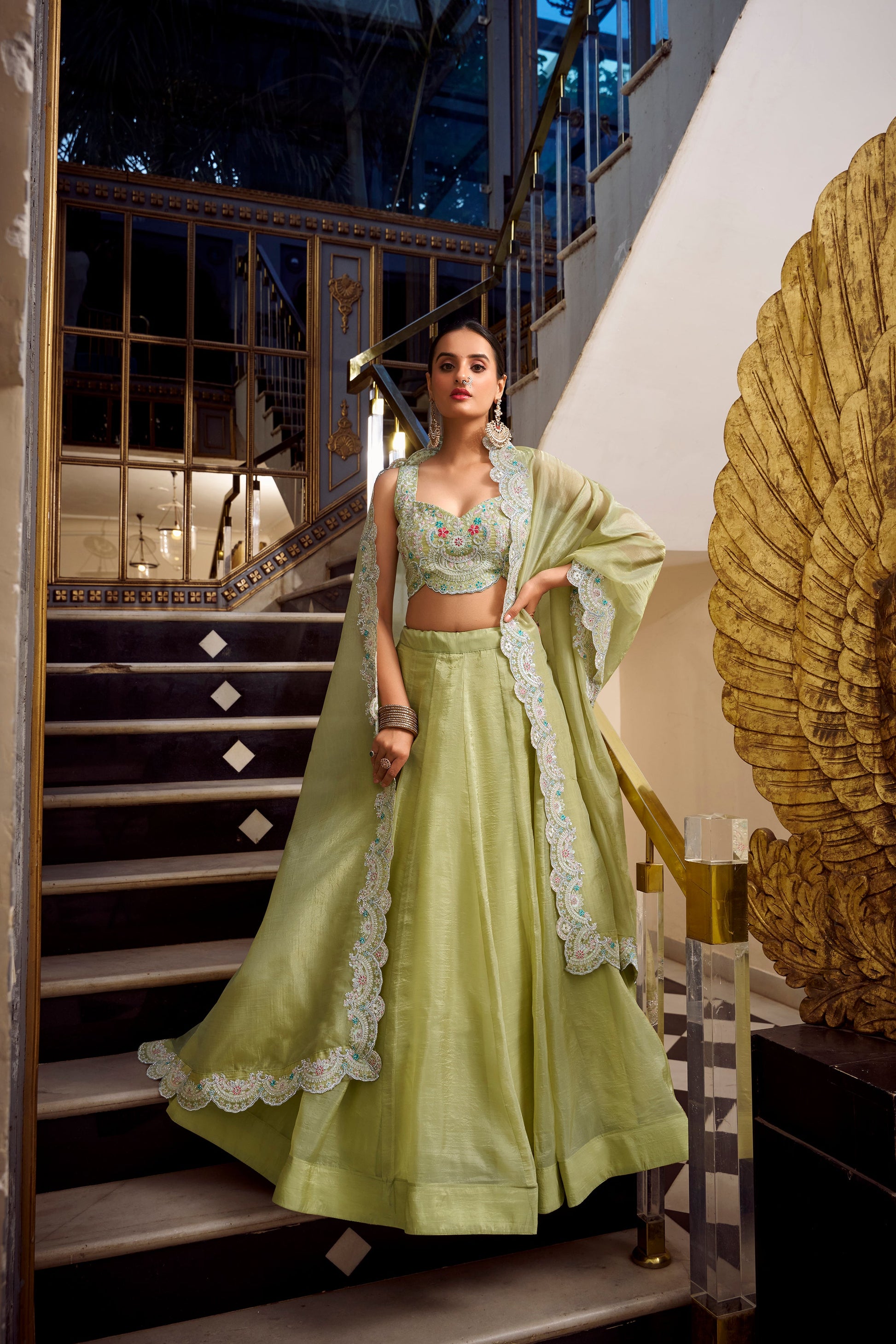 Lorenvalley Parrot Green Gold Crush Fabric Plain Lehenga with Sequins and Thread Embroidery with Jarkan Diamond Work Choli and Dupatta | Swadesiicart