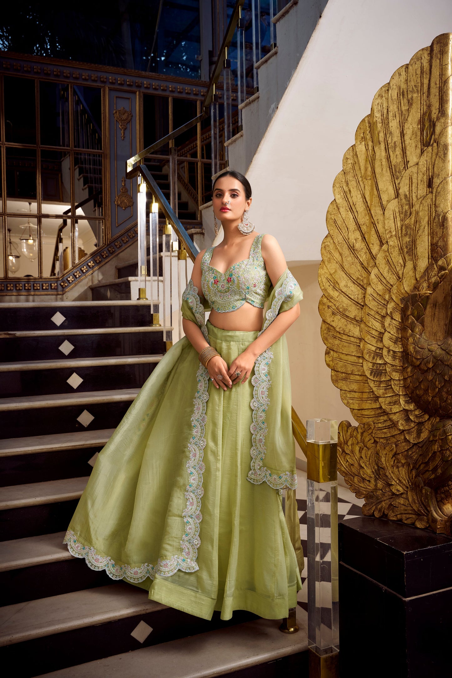 Lorenvalley Parrot Green Gold Crush Fabric Plain Lehenga with Sequins and Thread Embroidery with Jarkan Diamond Work Choli and Dupatta | Swadesiicart