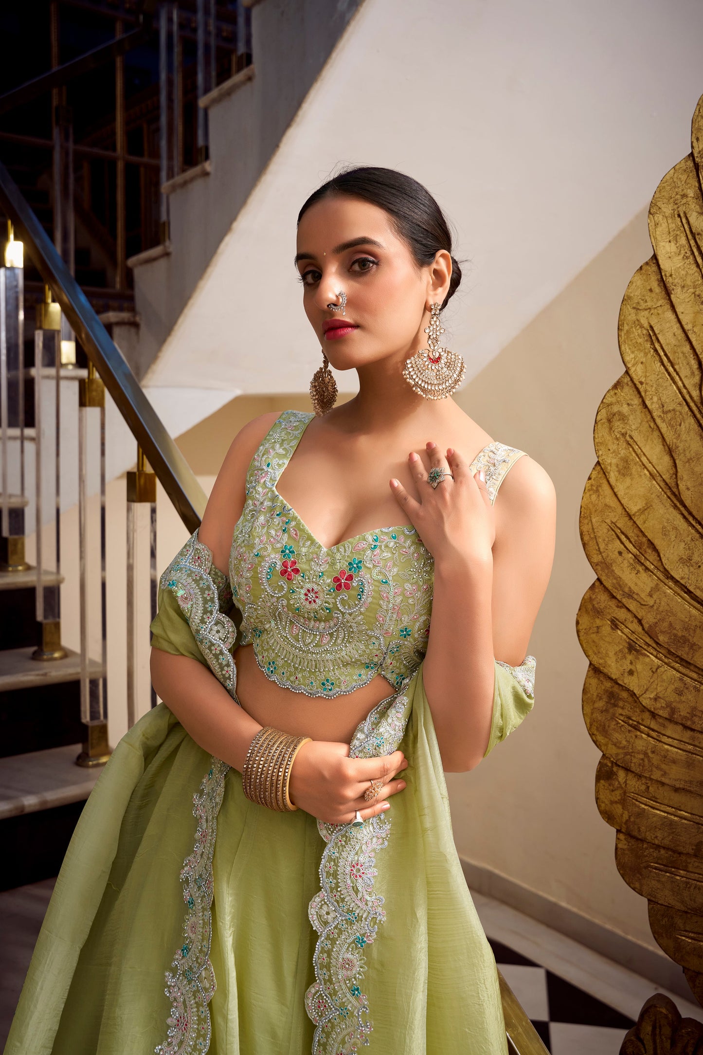 Lorenvalley Parrot Green Gold Crush Fabric Plain Lehenga with Sequins and Thread Embroidery with Jarkan Diamond Work Choli and Dupatta | Swadesiicart