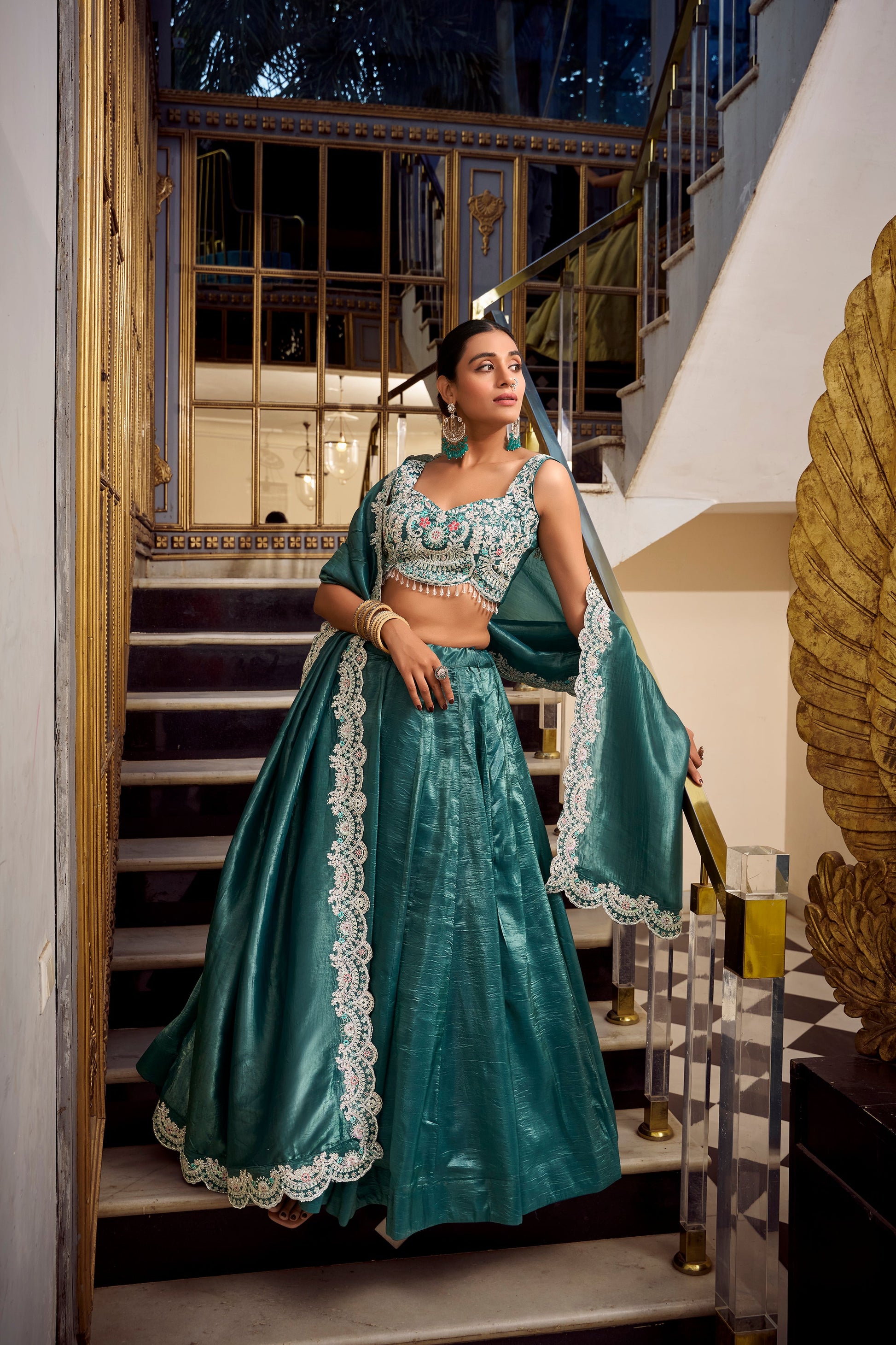 Lorenvalley Teal Gold Crush Fabric Plain Lehenga with Sequins and Thread Embroidery with Jarkan Diamond Work Choli and Dupatta | Swadesiicart