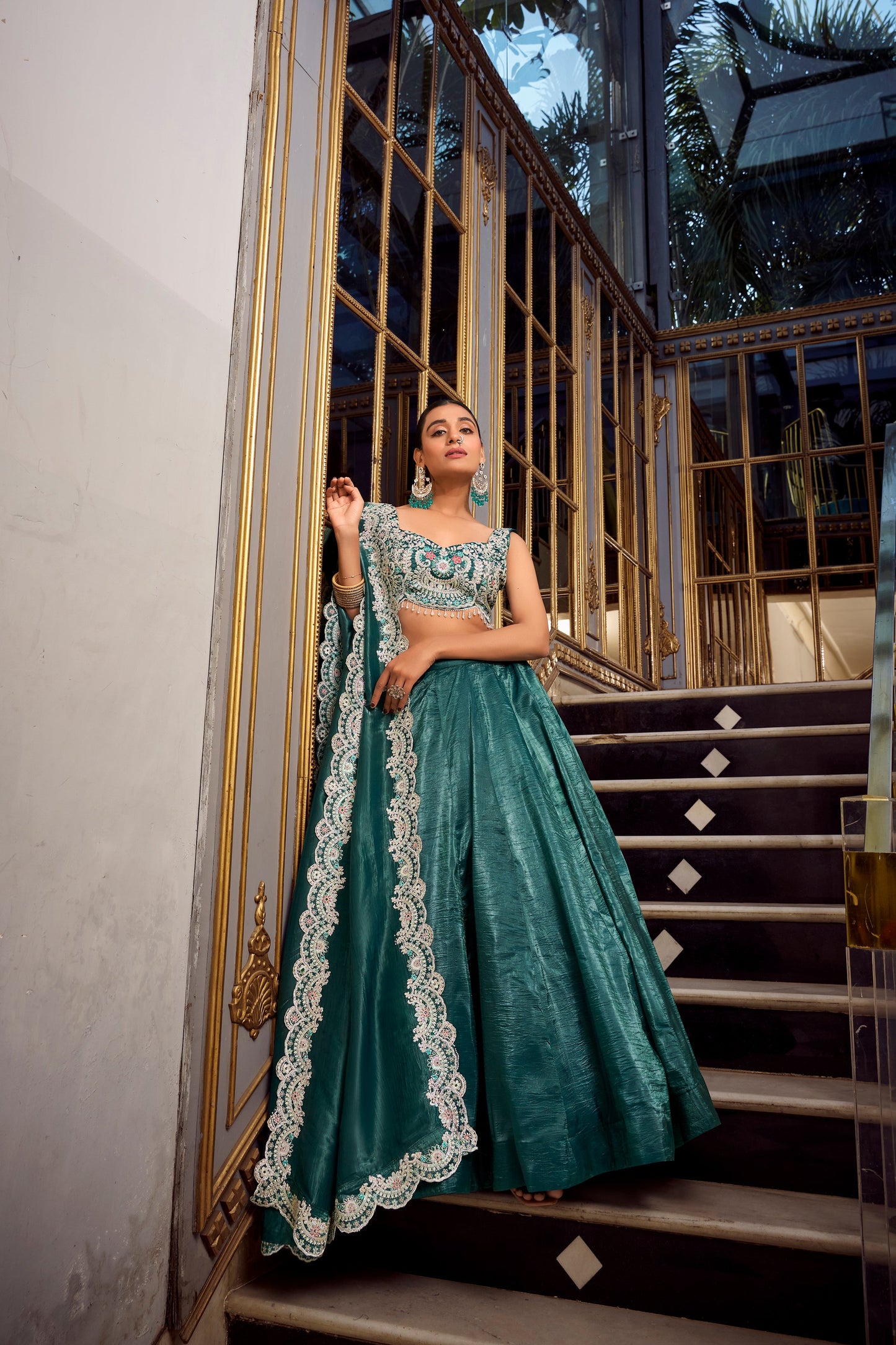 Lorenvalley Teal Gold Crush Fabric Plain Lehenga with Sequins and Thread Embroidery with Jarkan Diamond Work Choli and Dupatta | Swadesiicart