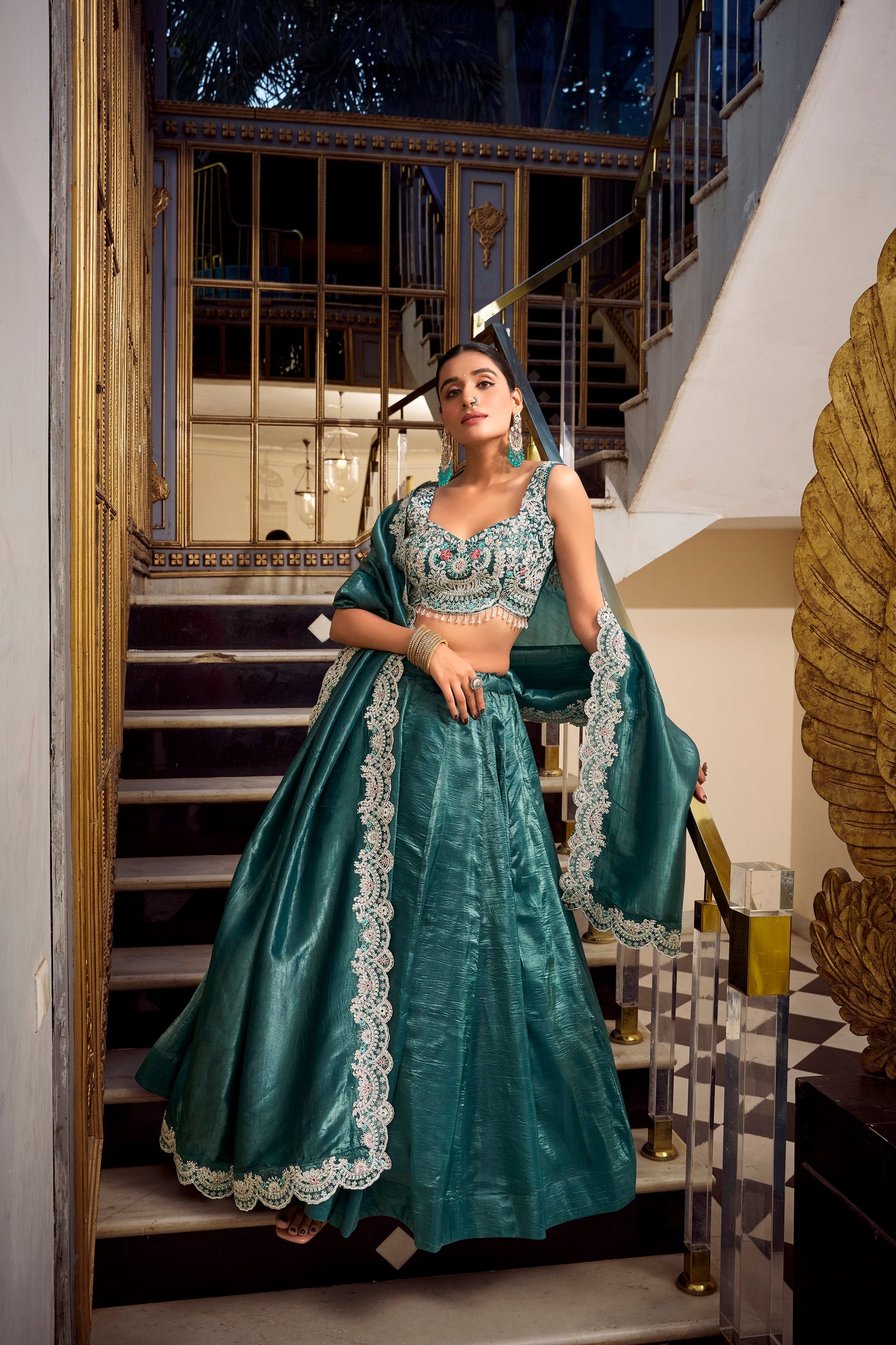 Lorenvalley Teal Gold Crush Fabric Plain Lehenga with Sequins and Thread Embroidery with Jarkan Diamond Work Choli and Dupatta | Swadesiicart