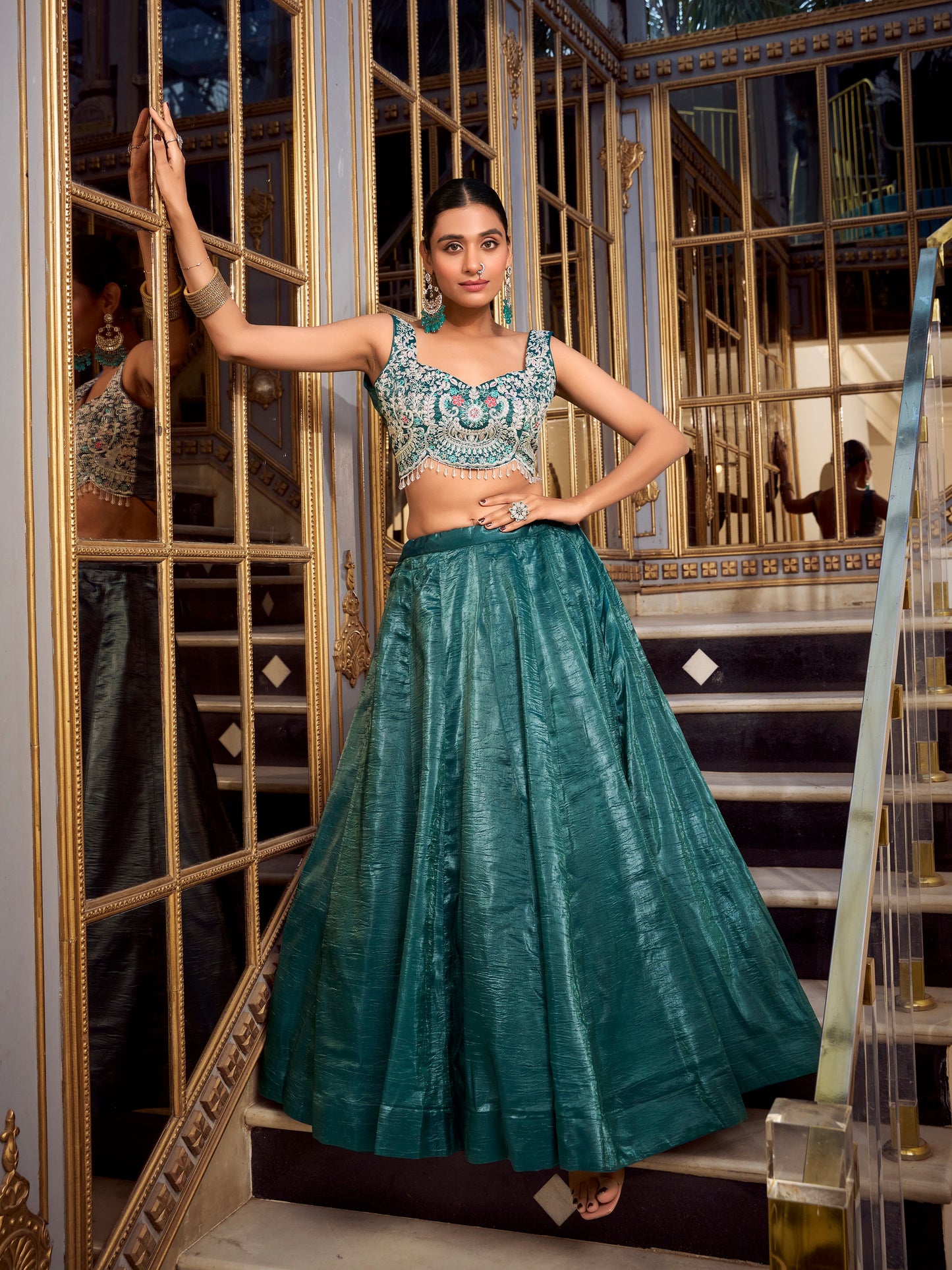 Lorenvalley Teal Gold Crush Fabric Plain Lehenga with Sequins and Thread Embroidery with Jarkan Diamond Work Choli and Dupatta | Swadesiicart