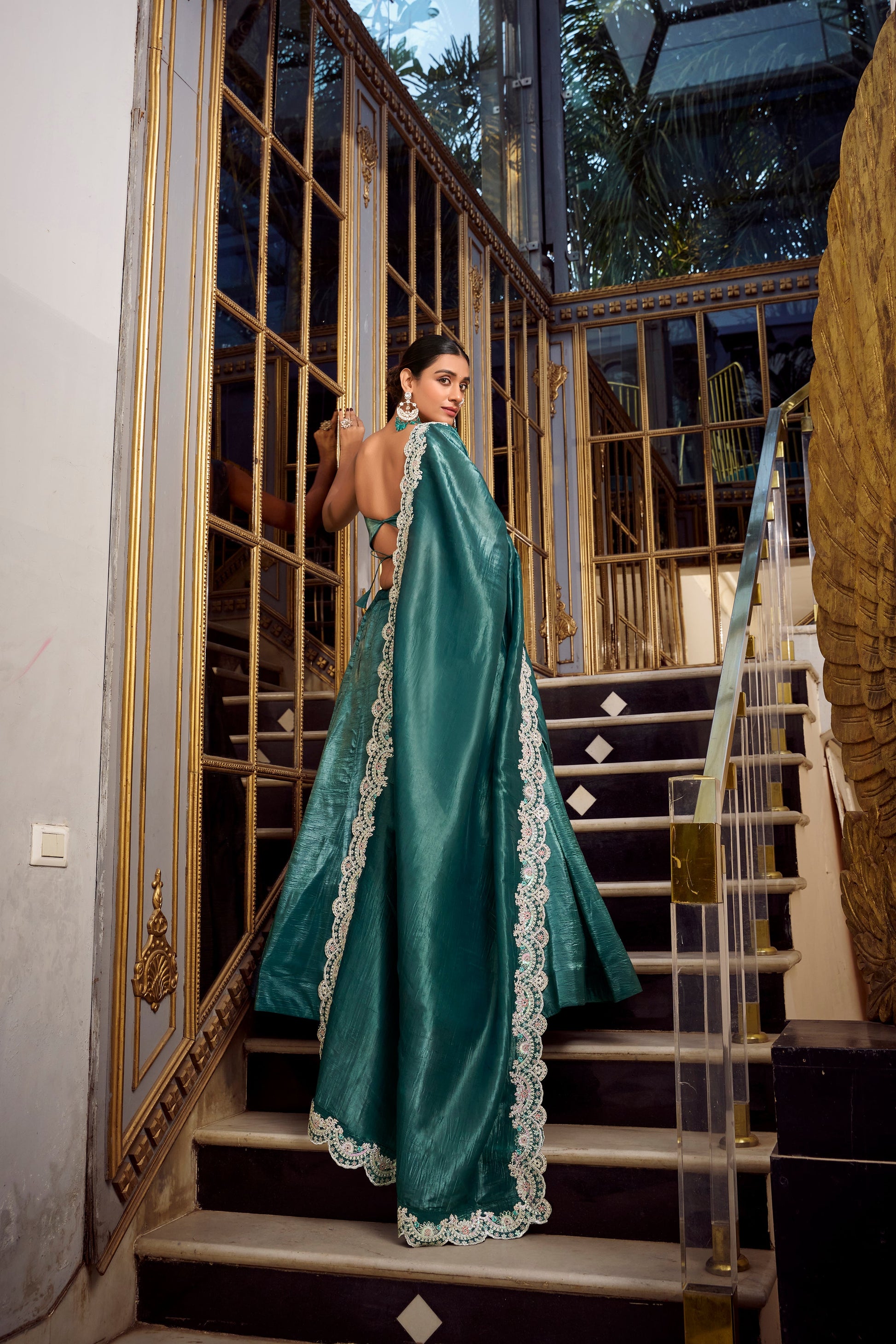 Lorenvalley Teal Gold Crush Fabric Plain Lehenga with Sequins and Thread Embroidery with Jarkan Diamond Work Choli and Dupatta | Swadesiicart