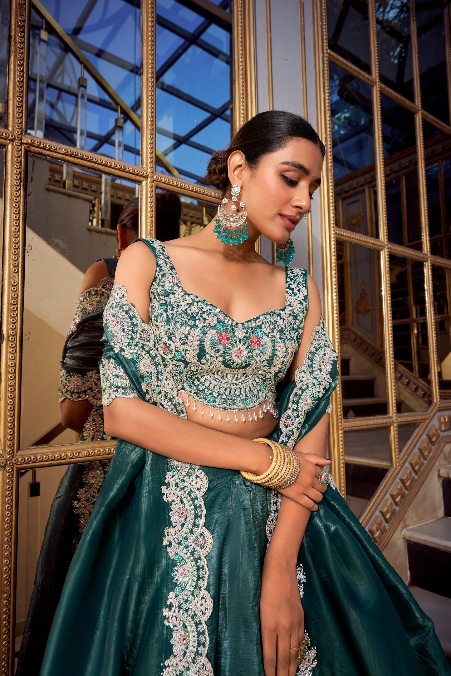 Lorenvalley Teal Gold Crush Fabric Plain Lehenga with Sequins and Thread Embroidery with Jarkan Diamond Work Choli and Dupatta | Swadesiicart