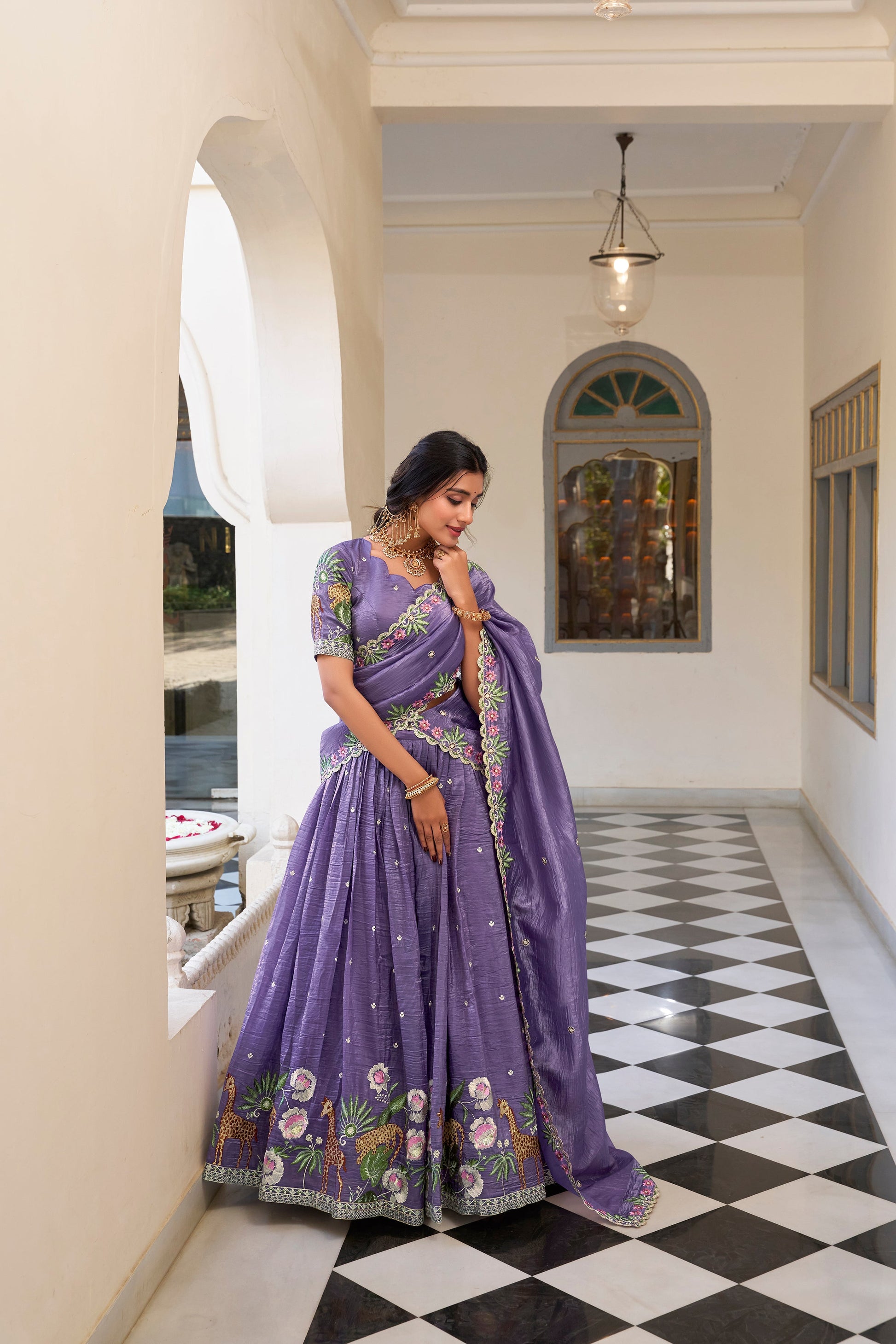 Lorenvalley Lavender Gold Crush Fabric with Sequins and Thread Embroidery Work Lehenga Choli | Swadesiicart