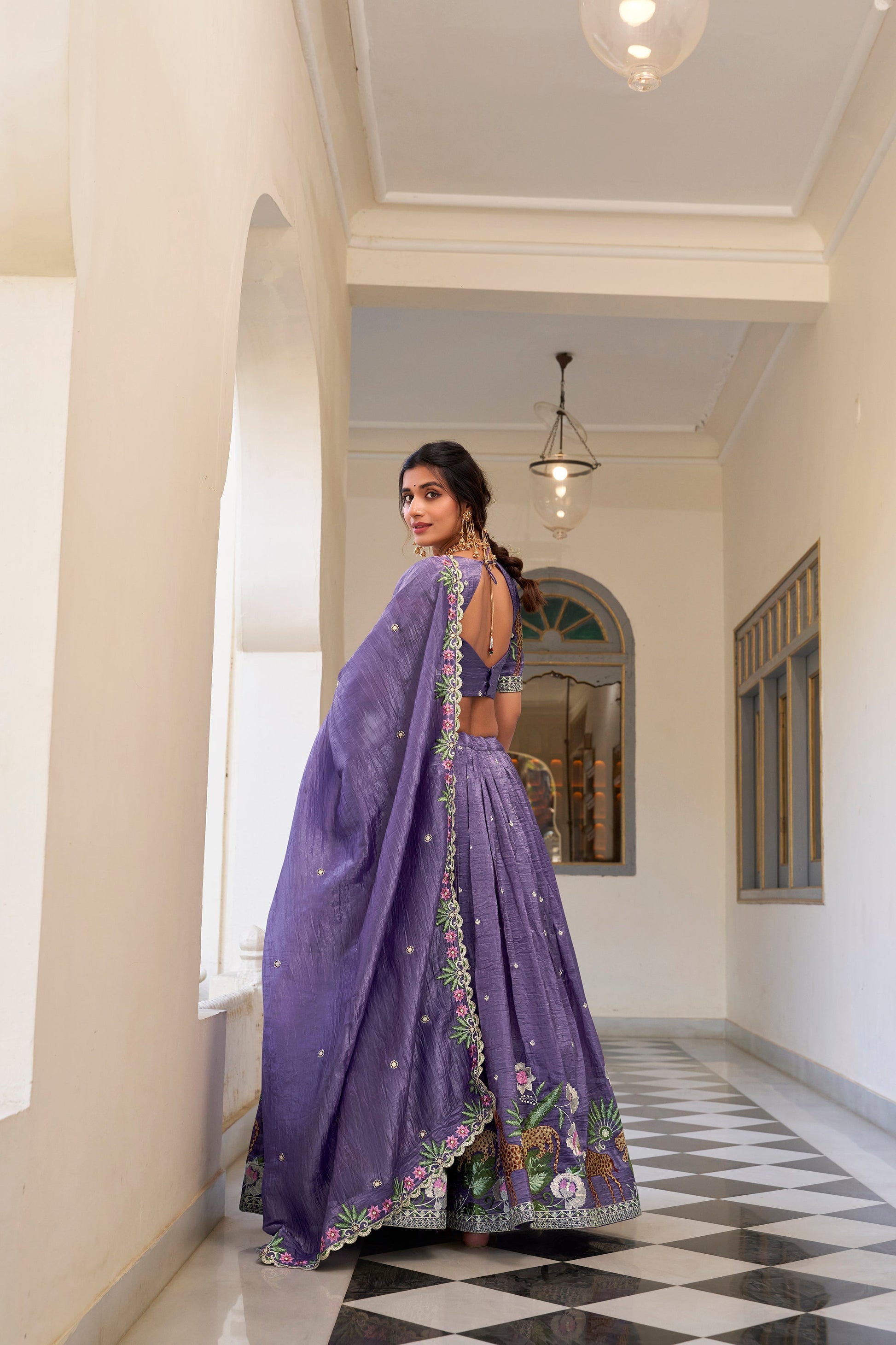Lorenvalley Lavender Gold Crush Fabric with Sequins and Thread Embroidery Work Lehenga Choli | Swadesiicart