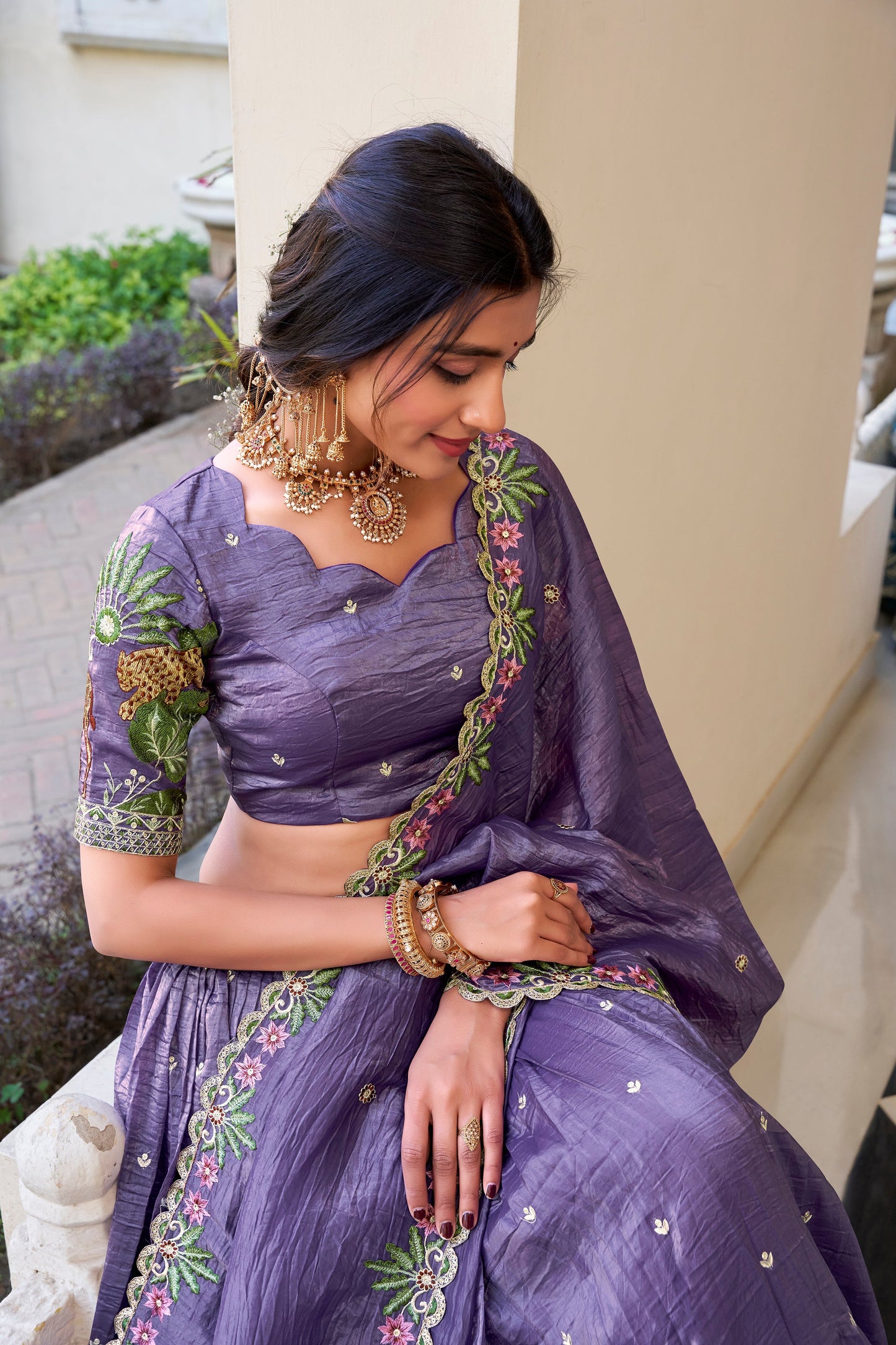 Lorenvalley Lavender Gold Crush Fabric with Sequins and Thread Embroidery Work Lehenga Choli | Swadesiicart