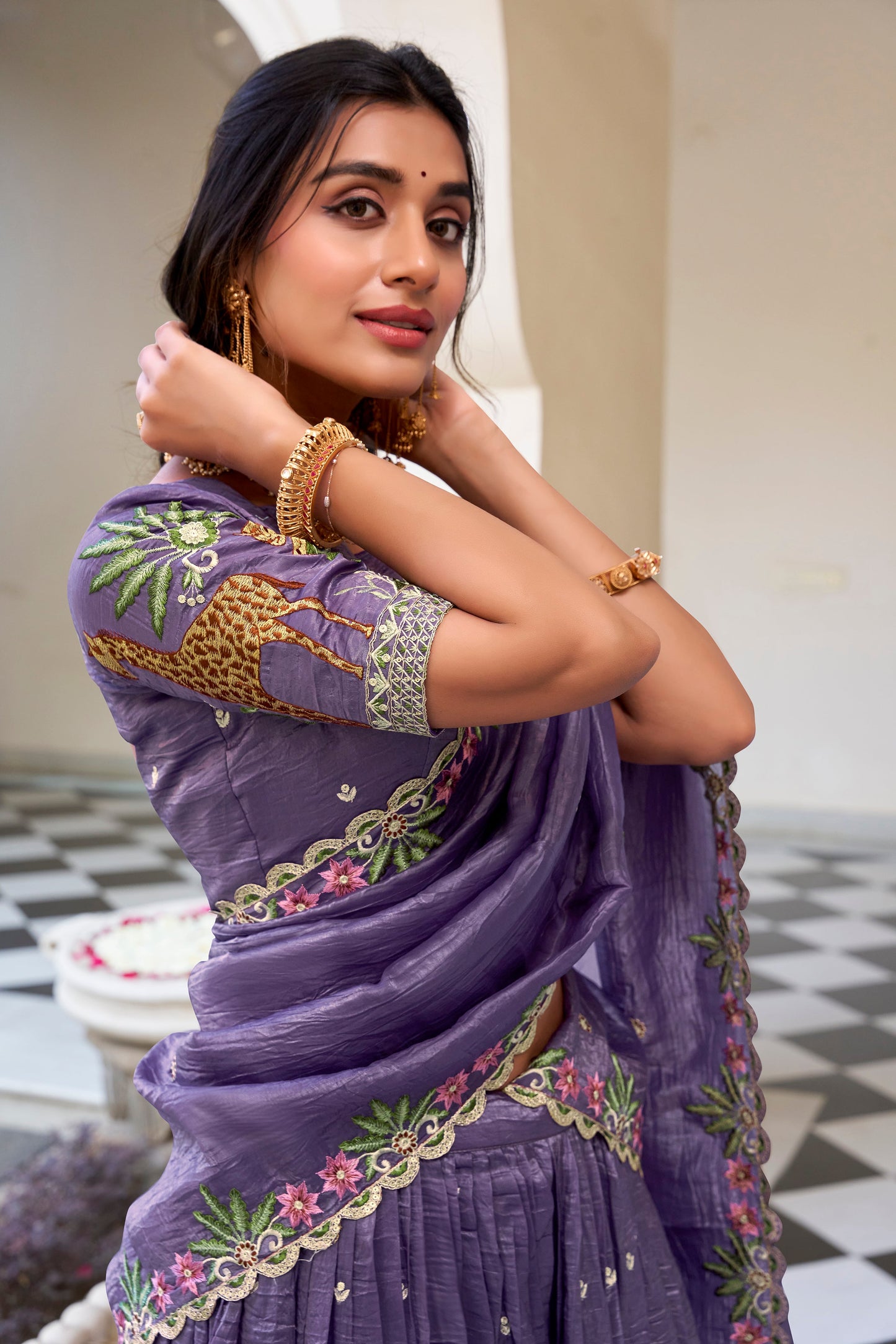 Lorenvalley Lavender Gold Crush Fabric with Sequins and Thread Embroidery Work Lehenga Choli | Swadesiicart