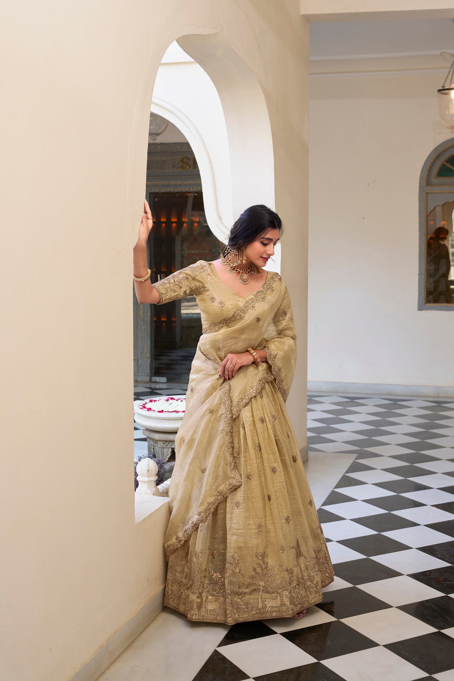 Lorenvalley Cream Gold Crush Fabric with Sequins and Thread Embroidery Work Lehenga Choli | Swadesiicart