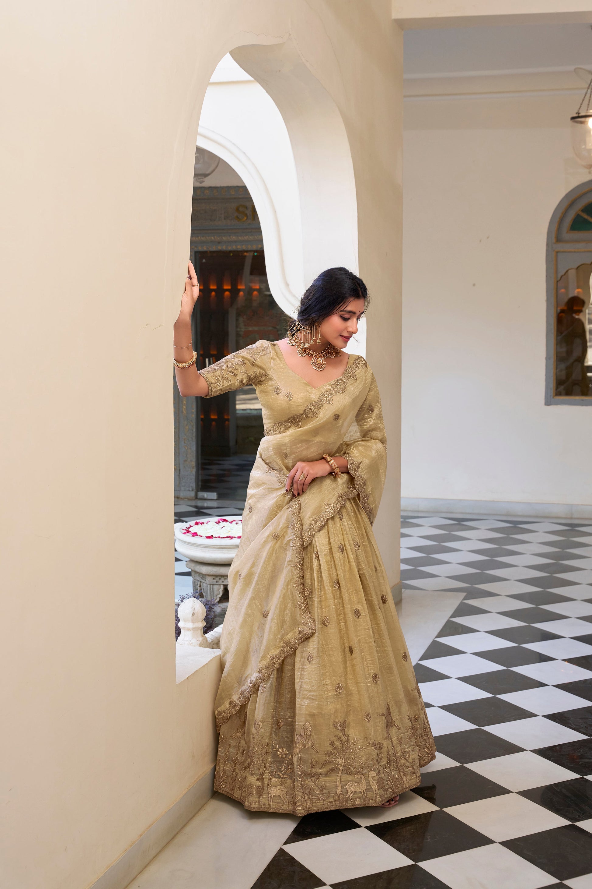 Lorenvalley Cream Gold Crush Fabric with Sequins and Thread Embroidery Work Lehenga Choli | Swadesiicart