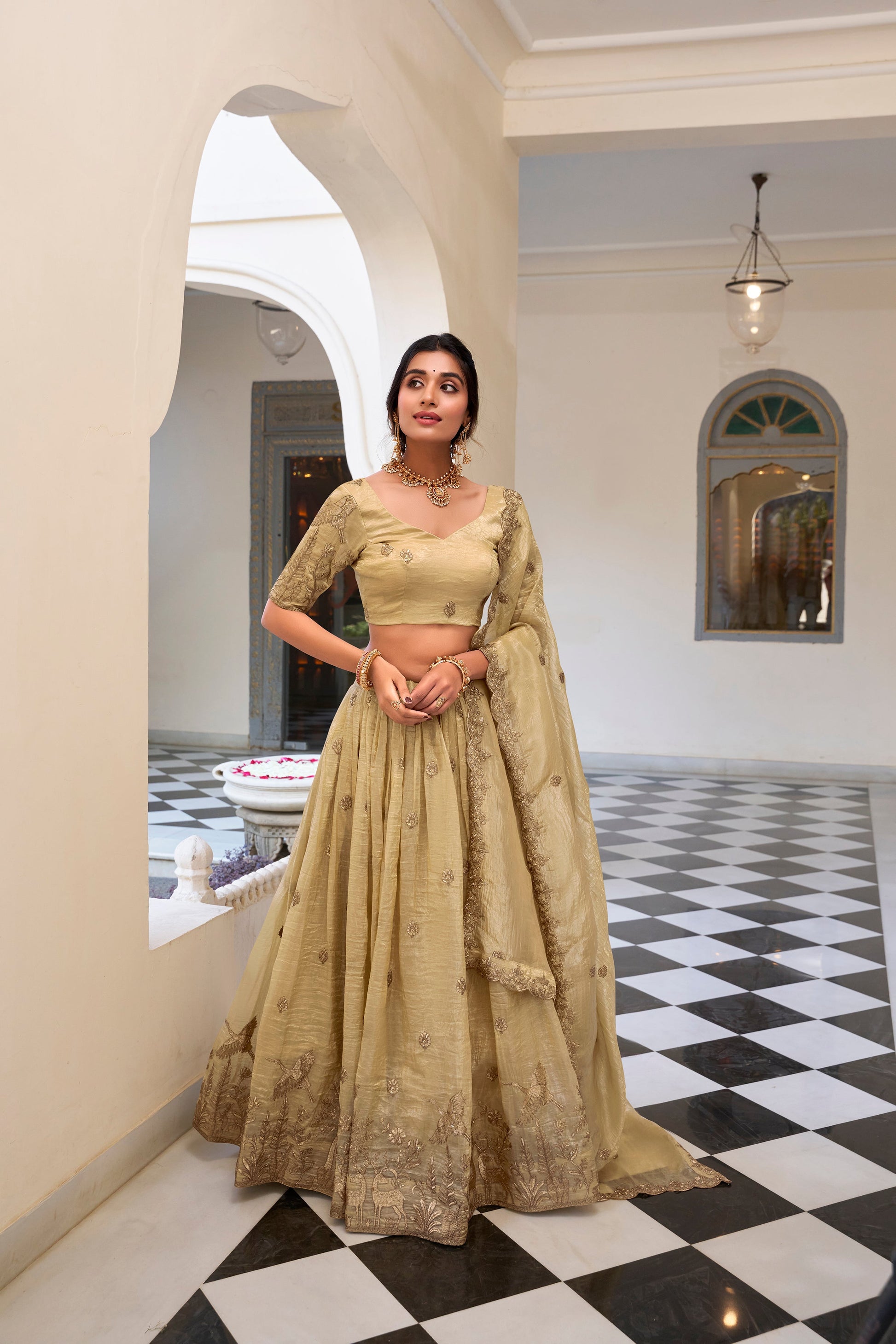 Lorenvalley Cream Gold Crush Fabric with Sequins and Thread Embroidery Work Lehenga Choli | Swadesiicart