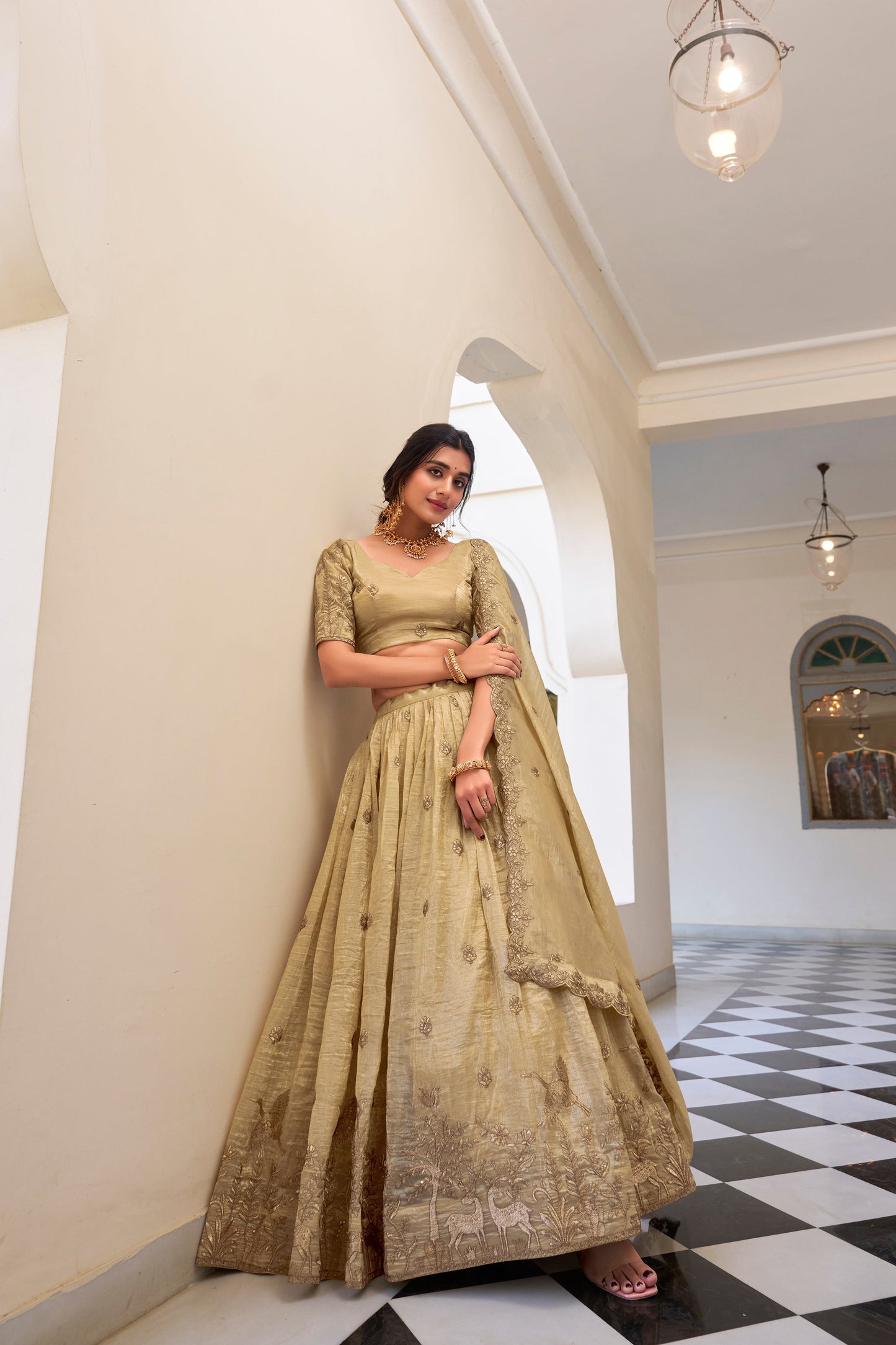 Lorenvalley Cream Gold Crush Fabric with Sequins and Thread Embroidery Work Lehenga Choli | Swadesiicart