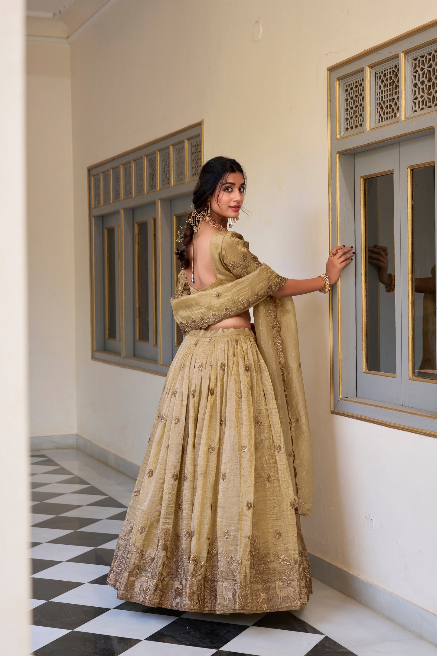 Lorenvalley Cream Gold Crush Fabric with Sequins and Thread Embroidery Work Lehenga Choli | Swadesiicart