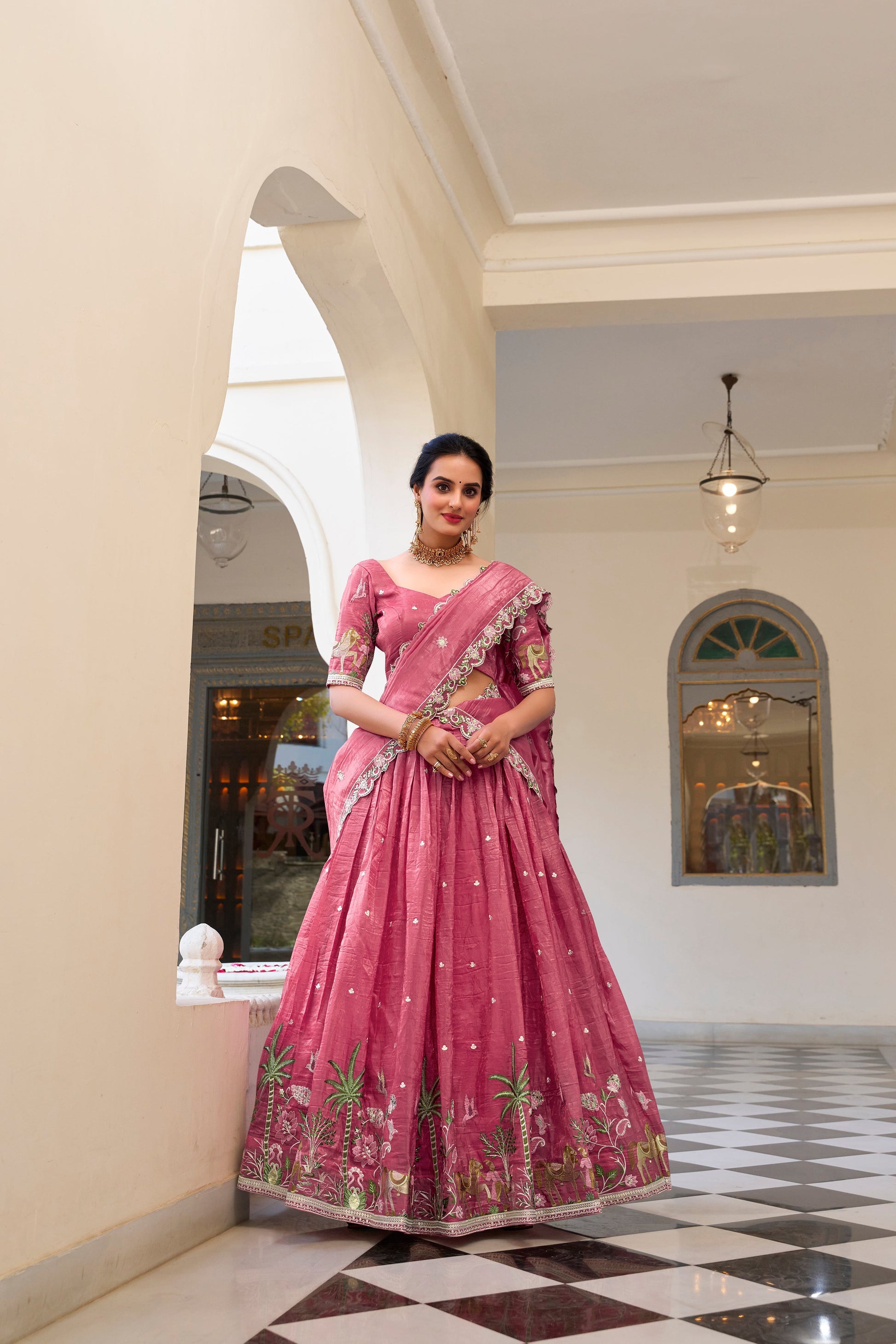 Lorenvalley Pink Gold Crush Fabric with Sequins and Thread Embroidery Work Lehenga Choli | Swadesiicart