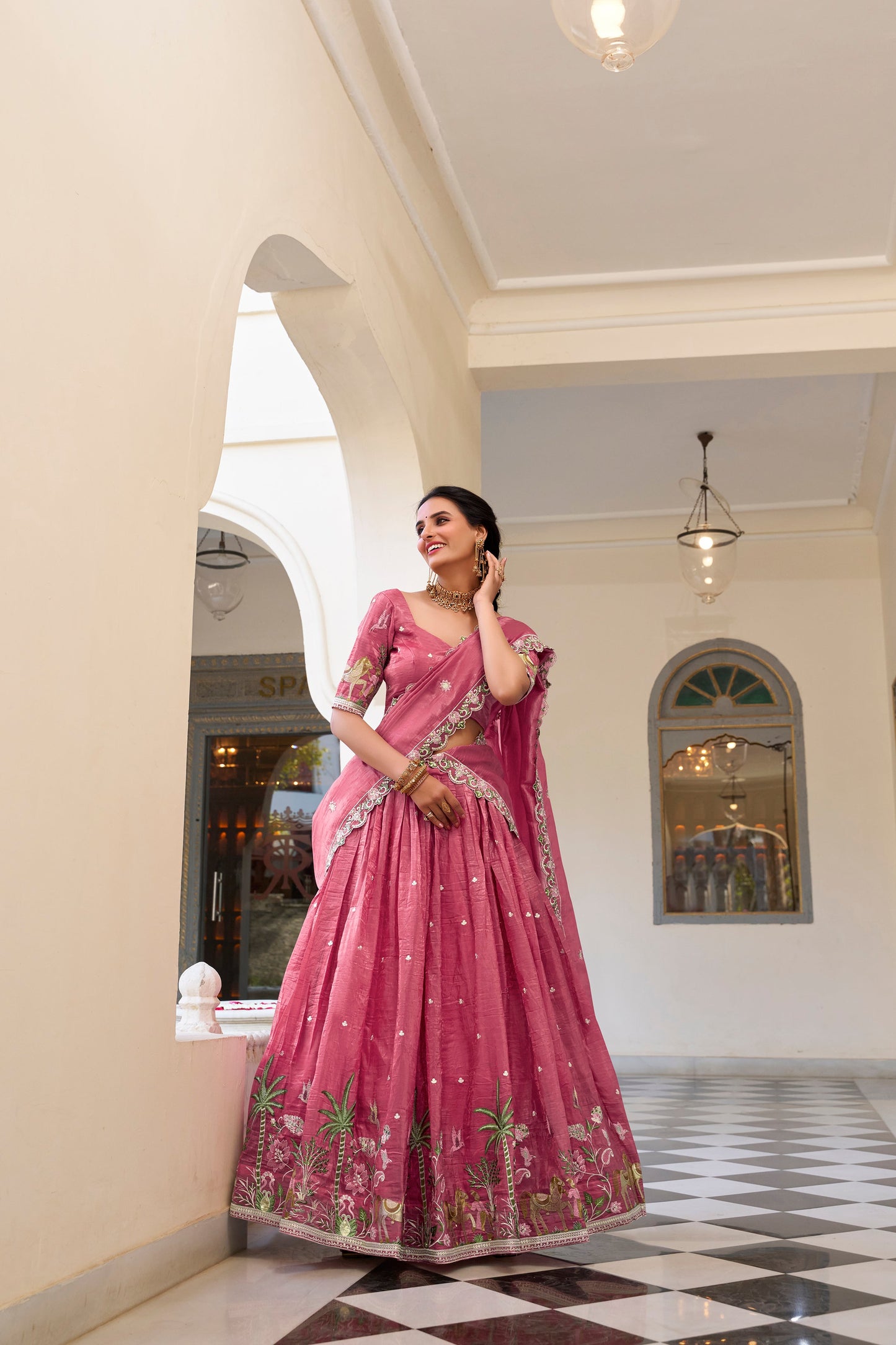 Lorenvalley Pink Gold Crush Fabric with Sequins and Thread Embroidery Work Lehenga Choli | Swadesiicart