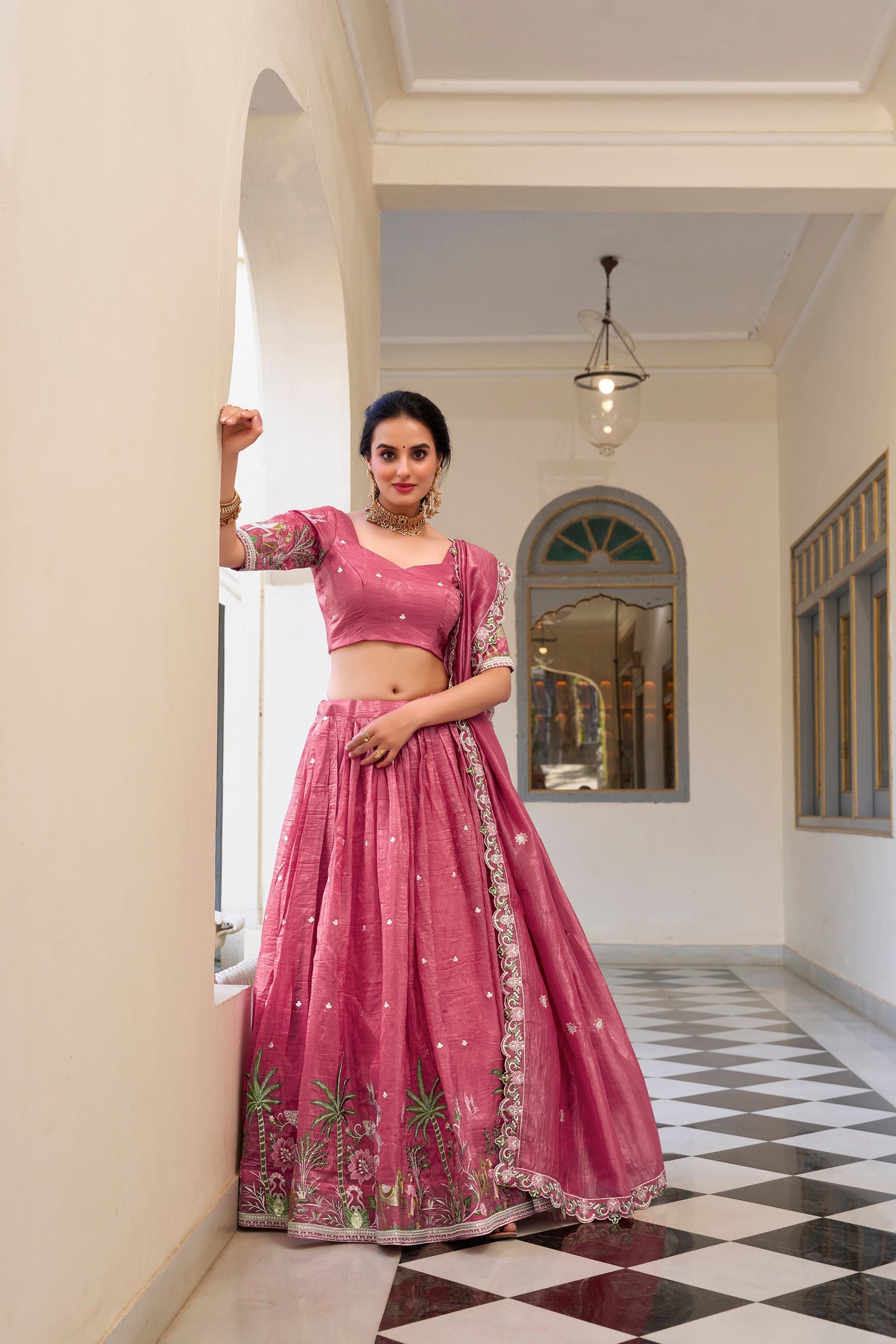 Lorenvalley Pink Gold Crush Fabric with Sequins and Thread Embroidery Work Lehenga Choli | Swadesiicart