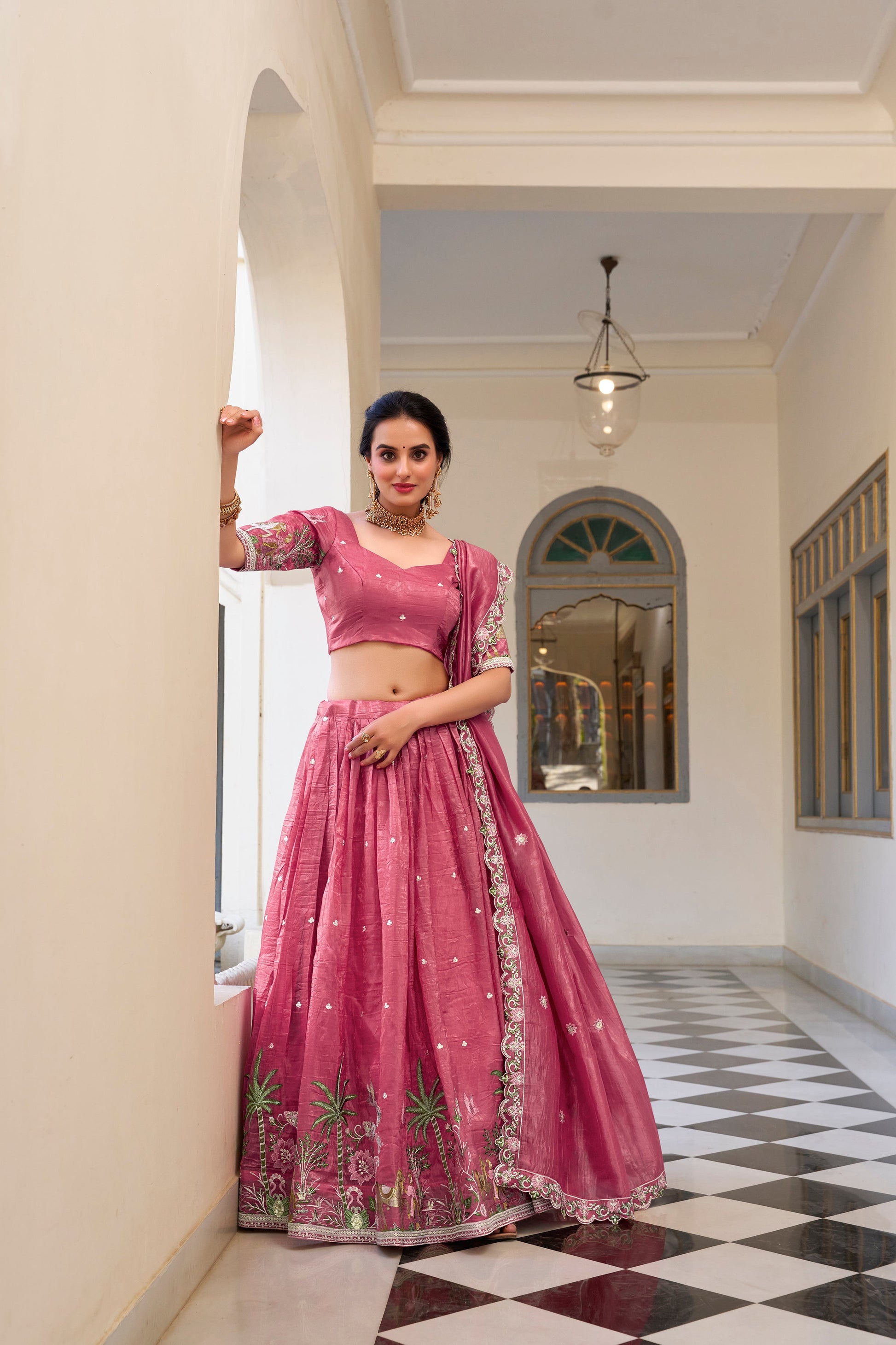 Lorenvalley Pink Gold Crush Fabric with Sequins and Thread Embroidery Work Lehenga Choli | Swadesiicart
