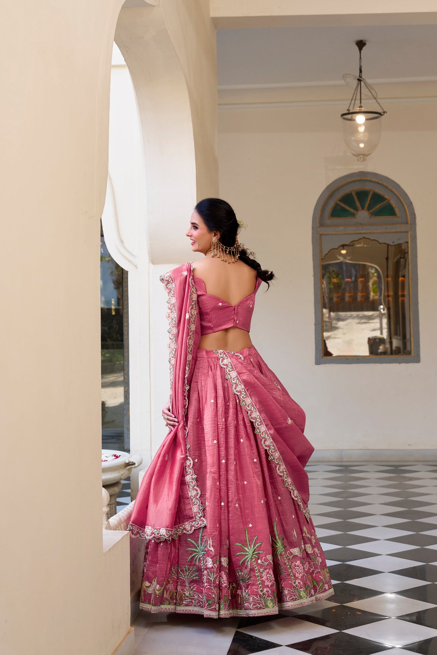 Lorenvalley Pink Gold Crush Fabric with Sequins and Thread Embroidery Work Lehenga Choli | Swadesiicart