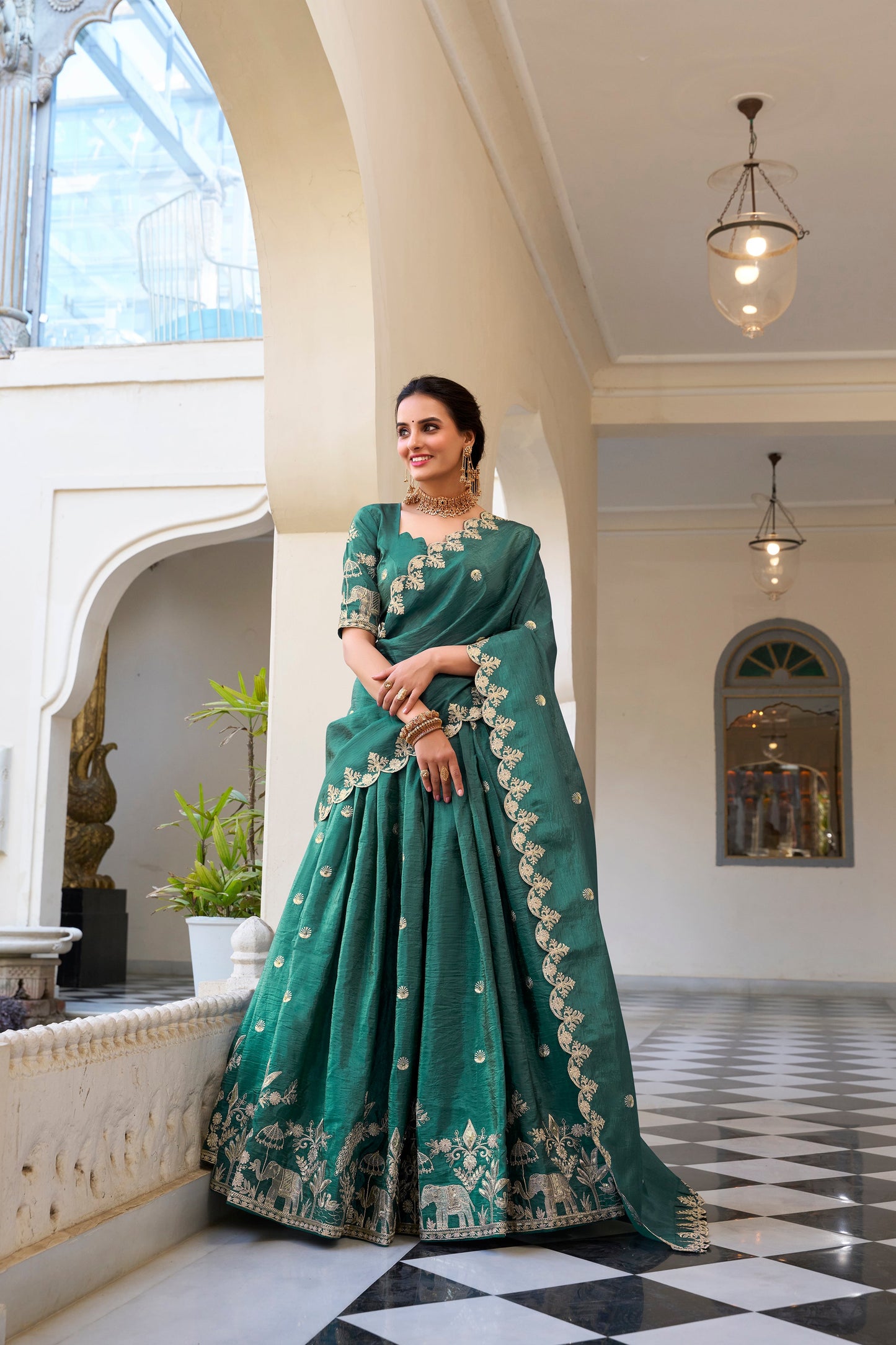 Lorenvalley Teal Gold Crush Fabric with Sequins and Thread Embroidery Work Lehenga Choli | Swadesiicart
