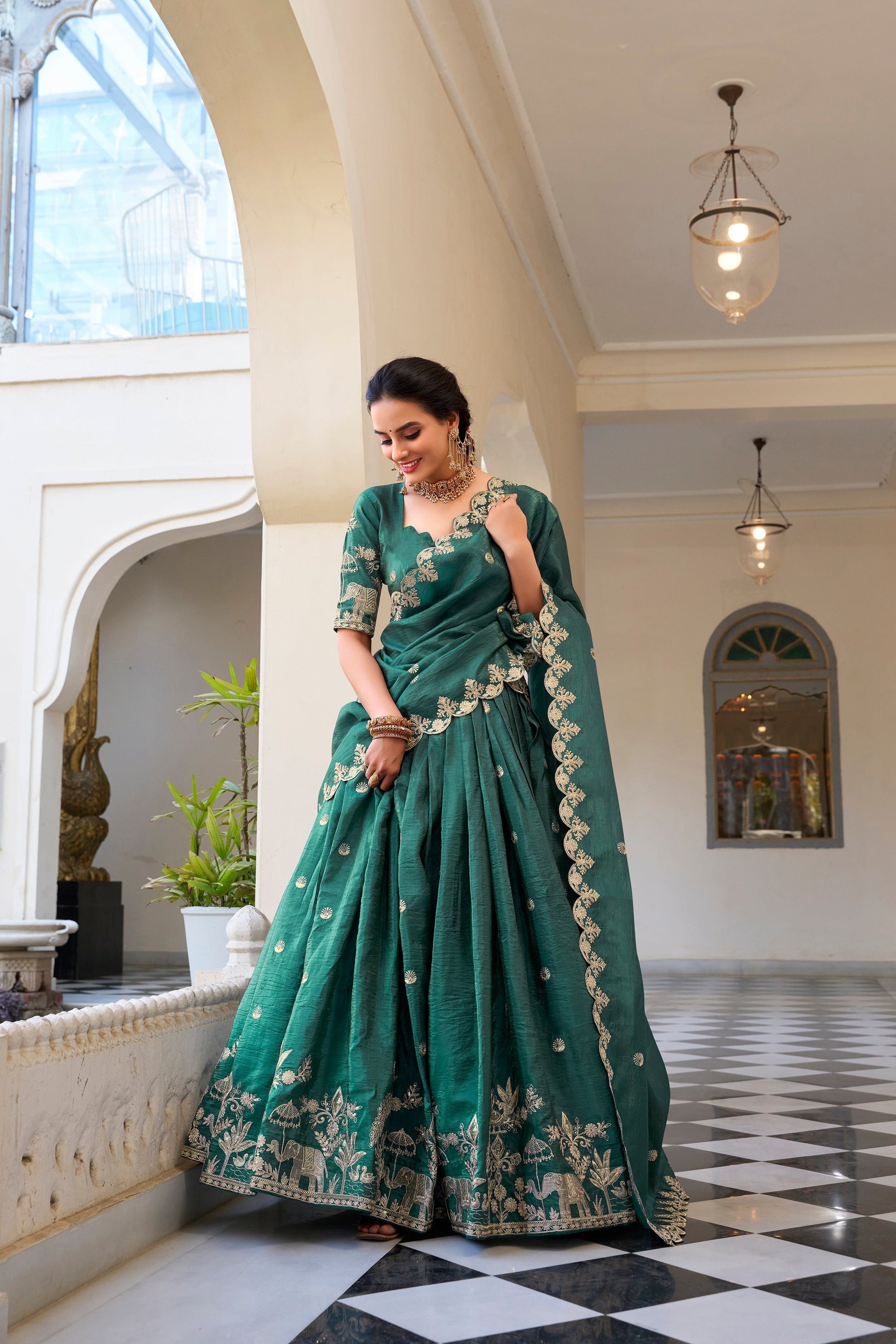 Lorenvalley Teal Gold Crush Fabric with Sequins and Thread Embroidery Work Lehenga Choli | Swadesiicart