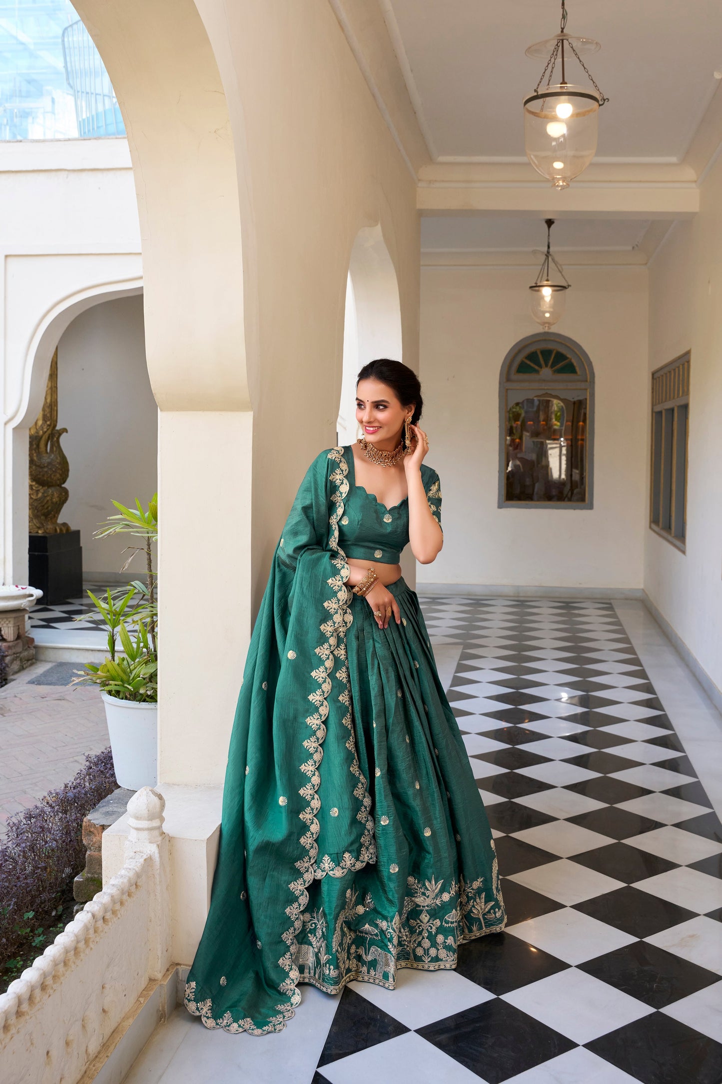 Lorenvalley Teal Gold Crush Fabric with Sequins and Thread Embroidery Work Lehenga Choli | Swadesiicart