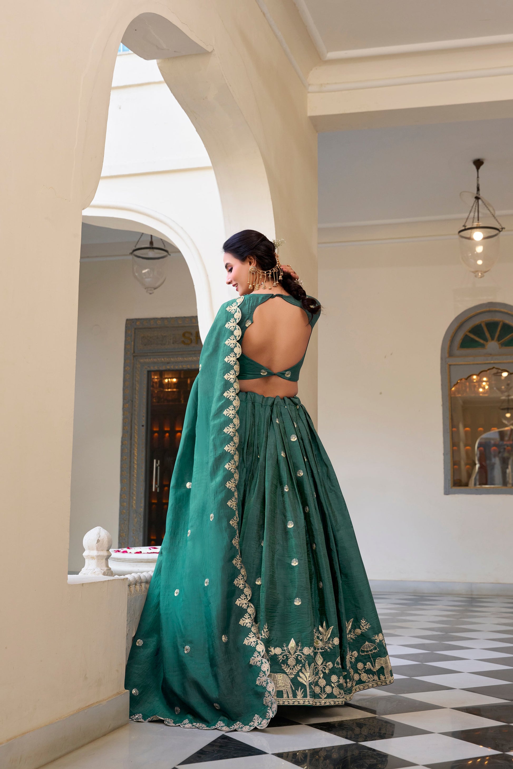 Lorenvalley Teal Gold Crush Fabric with Sequins and Thread Embroidery Work Lehenga Choli | Swadesiicart