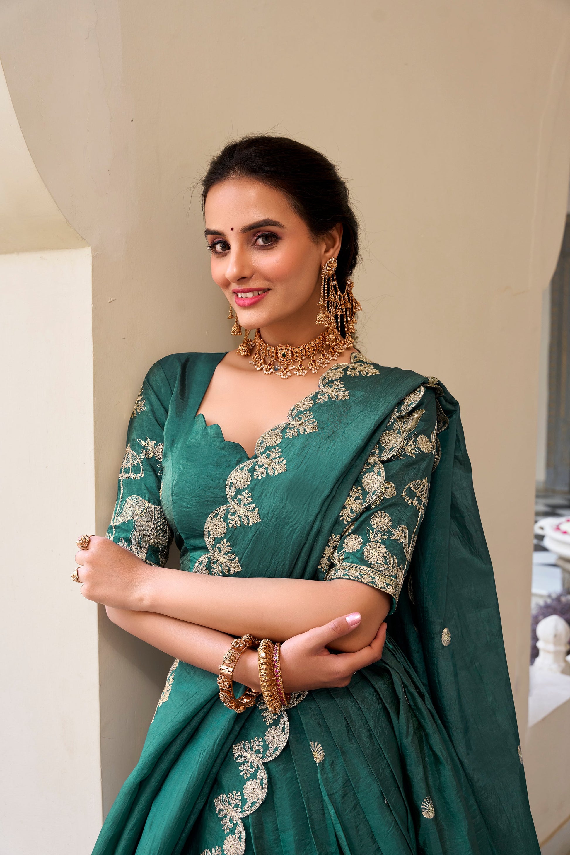 Lorenvalley Teal Gold Crush Fabric with Sequins and Thread Embroidery Work Lehenga Choli | Swadesiicart