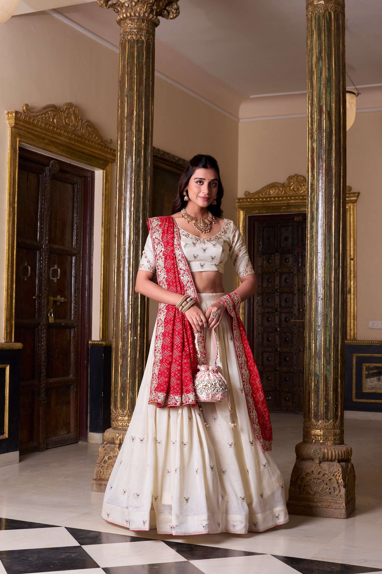 Lorenvalley Fashion Offwhite Vichitra Silk Sequins and Thread Embroidery Work Lehenga Choli with Dupatta | Swadesiicart