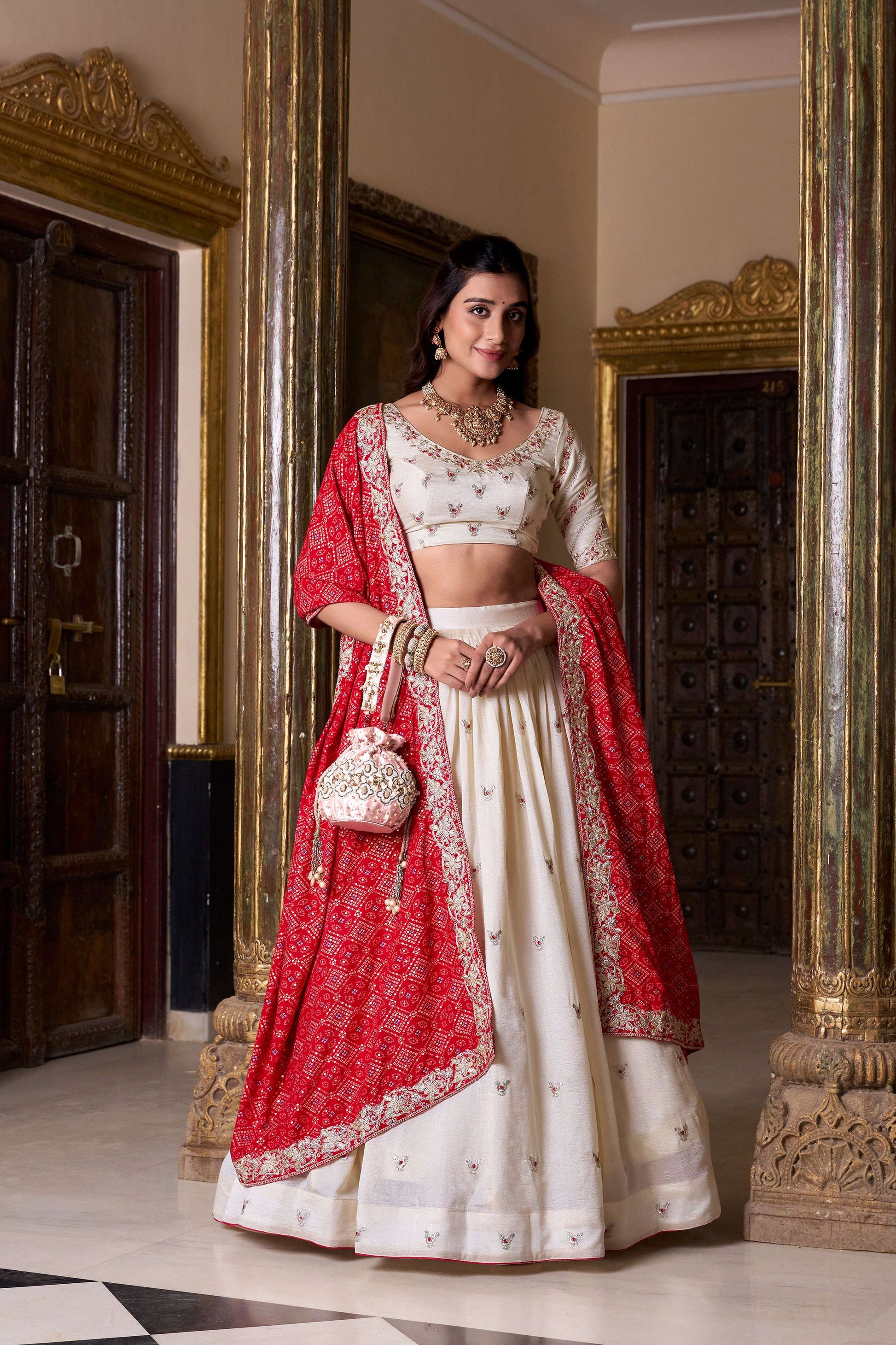 Lorenvalley Fashion Offwhite Vichitra Silk Sequins and Thread Embroidery Work Lehenga Choli with Dupatta | Swadesiicart