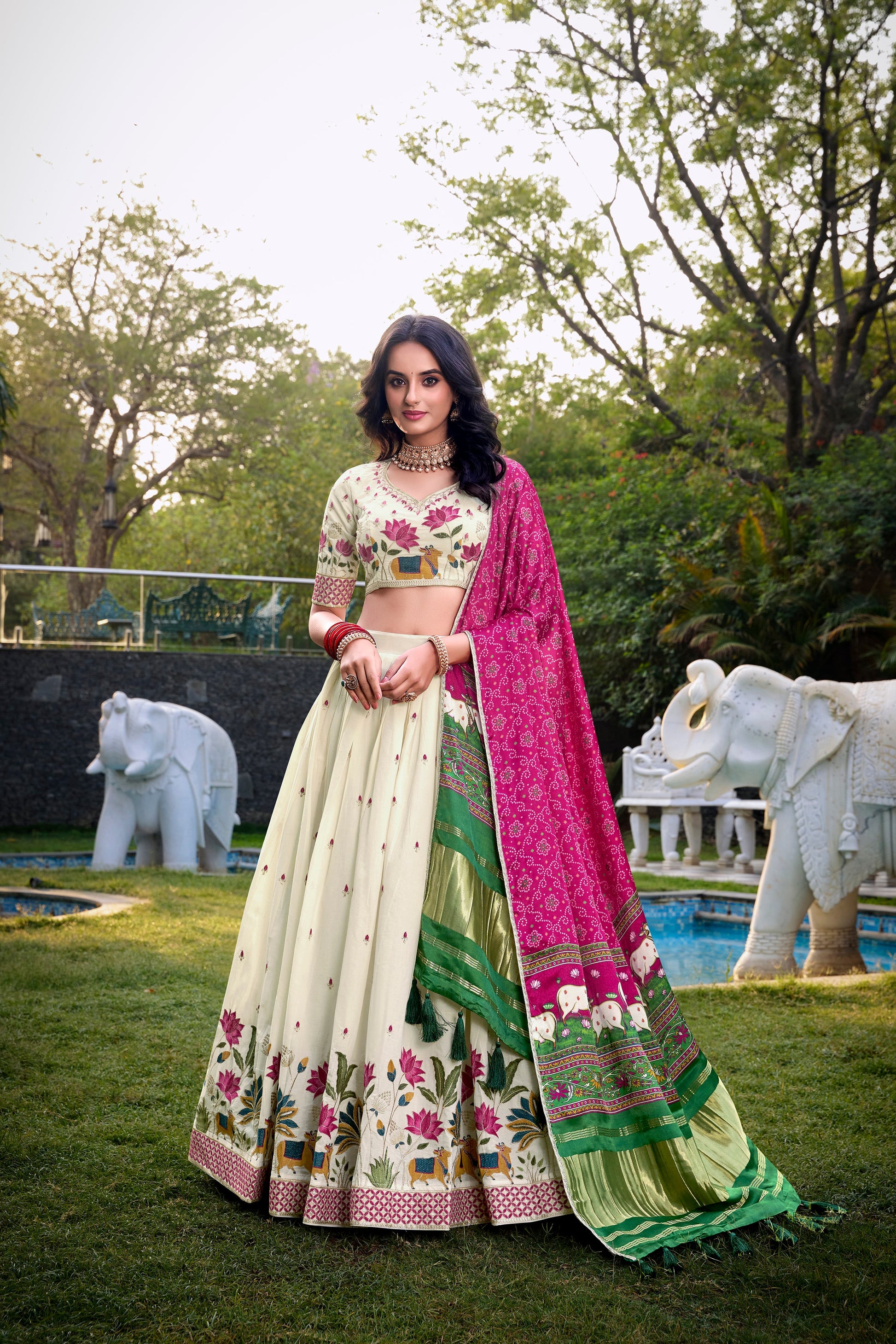 Lorenvalley Offwhite Khadi Cotton Sequins And Thread Embroidery Work Lehenga Choli with Dupatta | Swadesiicart