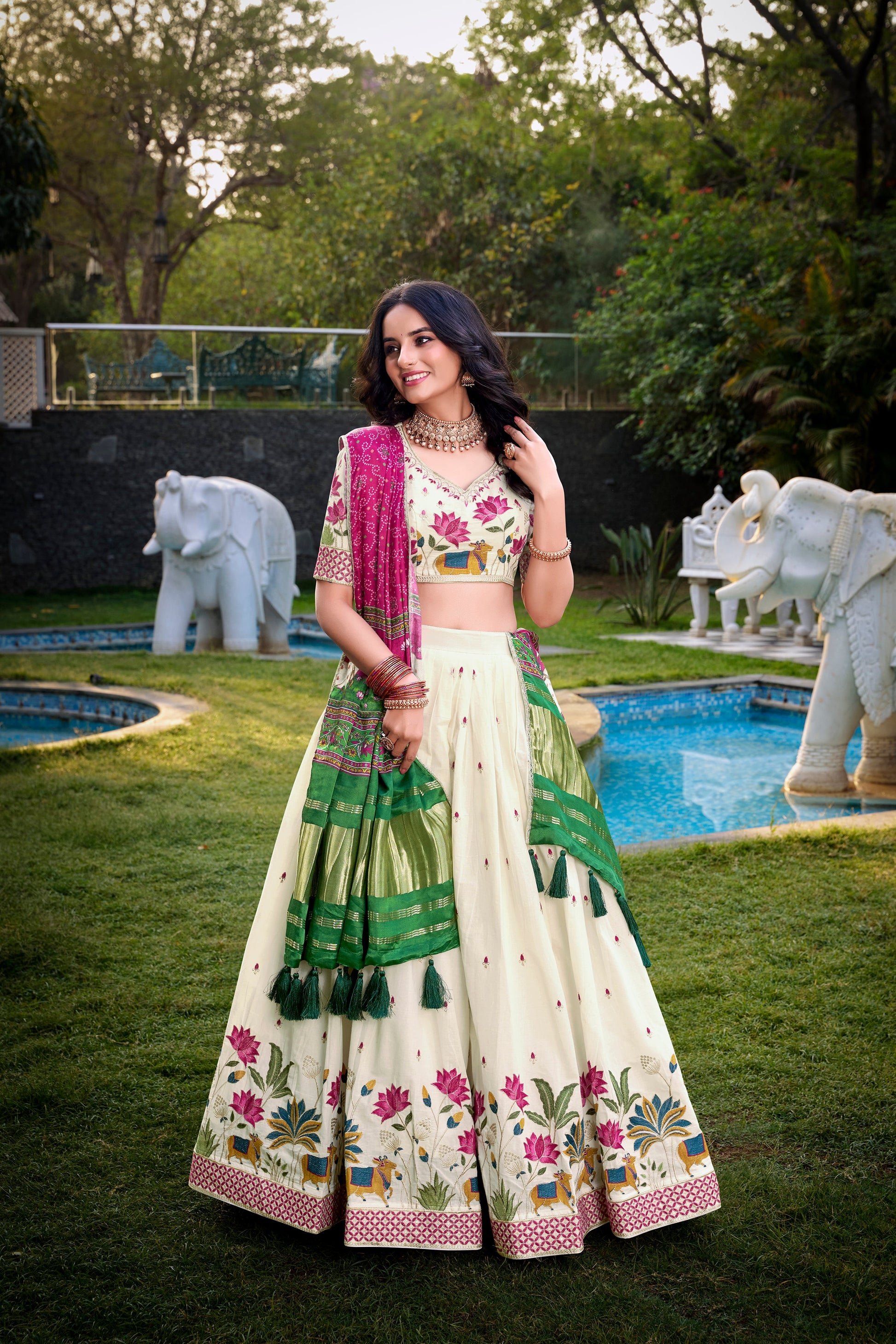 Lorenvalley Offwhite Khadi Cotton Sequins And Thread Embroidery Work Lehenga Choli with Dupatta | Swadesiicart