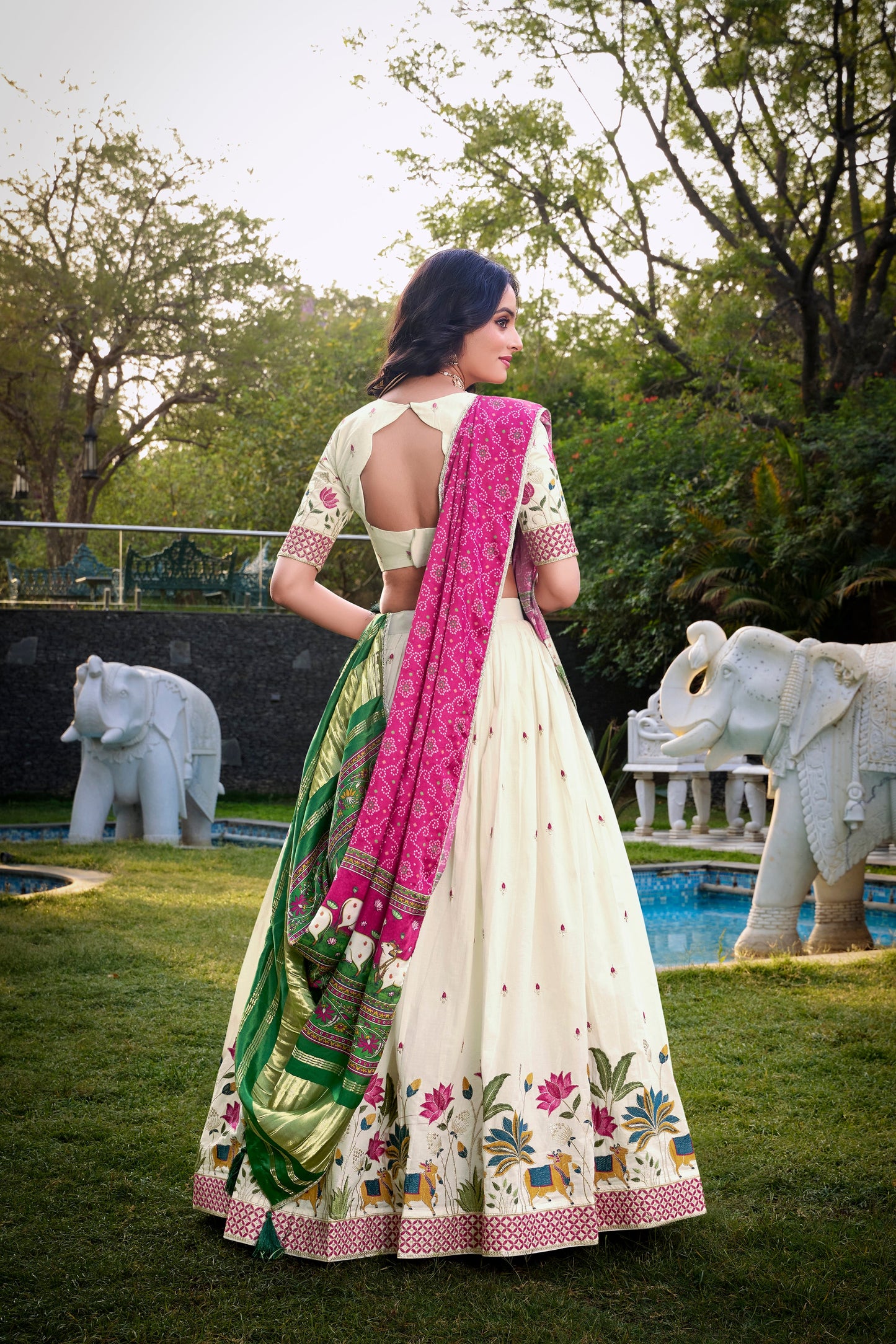 Lorenvalley Offwhite Khadi Cotton Sequins And Thread Embroidery Work Lehenga Choli with Dupatta | Swadesiicart