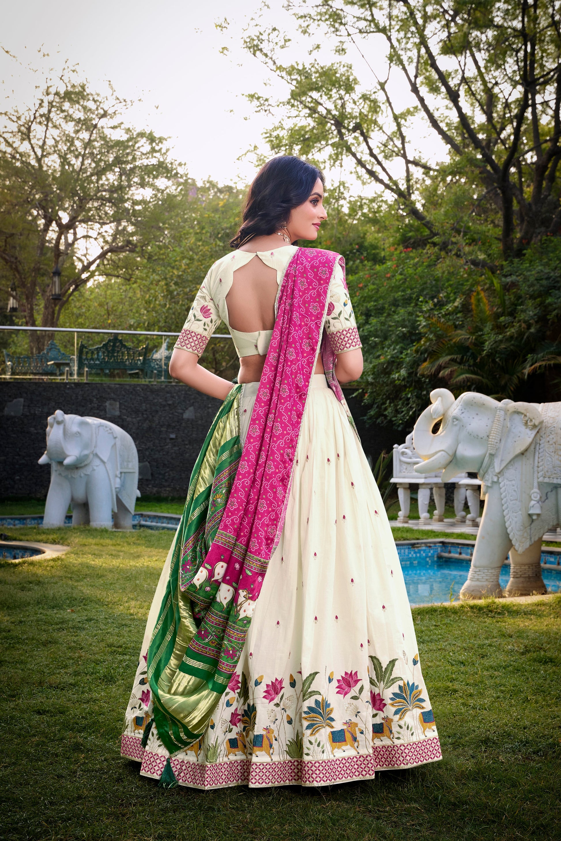 Lorenvalley Offwhite Khadi Cotton Sequins And Thread Embroidery Work Lehenga Choli with Dupatta | Swadesiicart