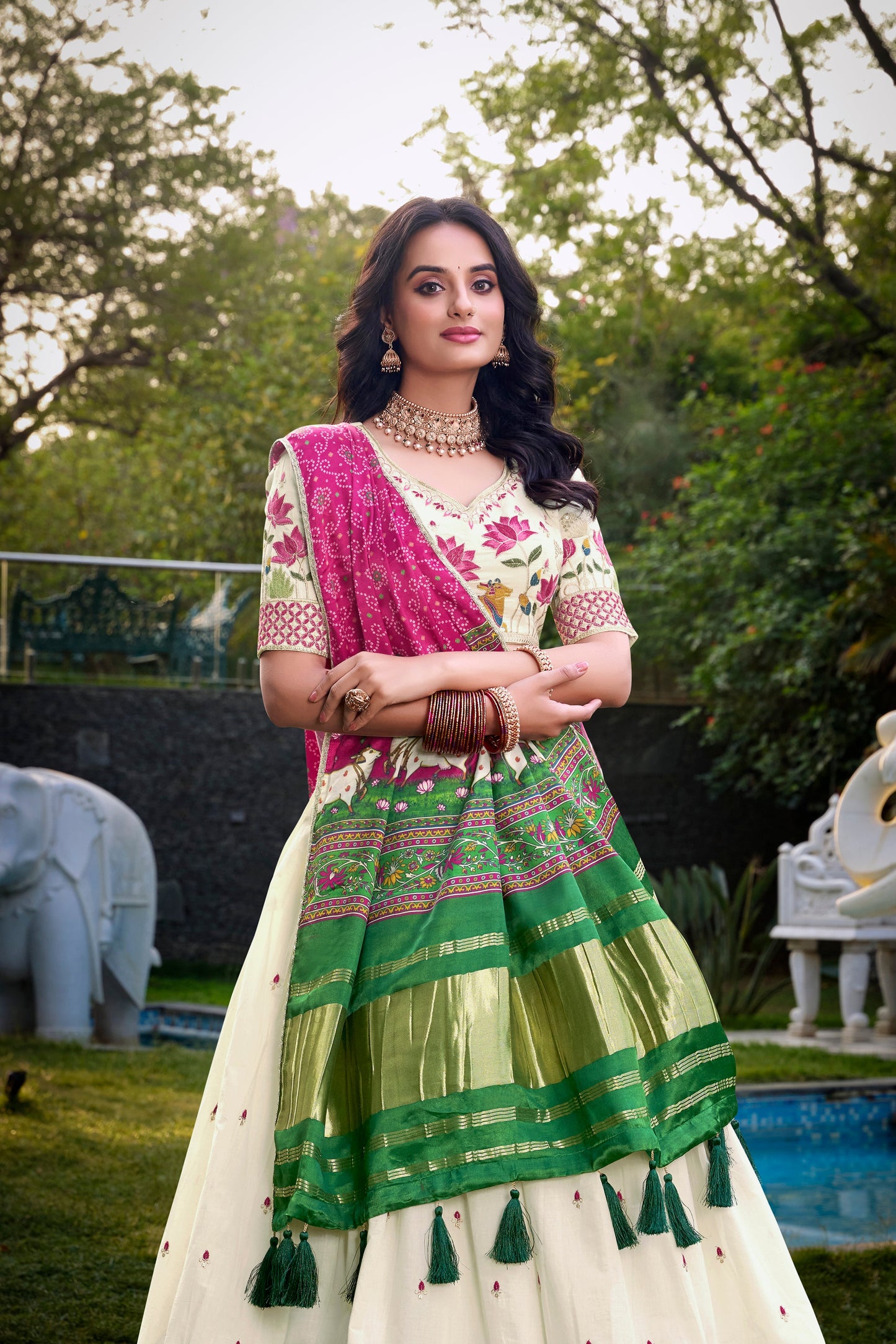 Lorenvalley Offwhite Khadi Cotton Sequins And Thread Embroidery Work Lehenga Choli with Dupatta | Swadesiicart