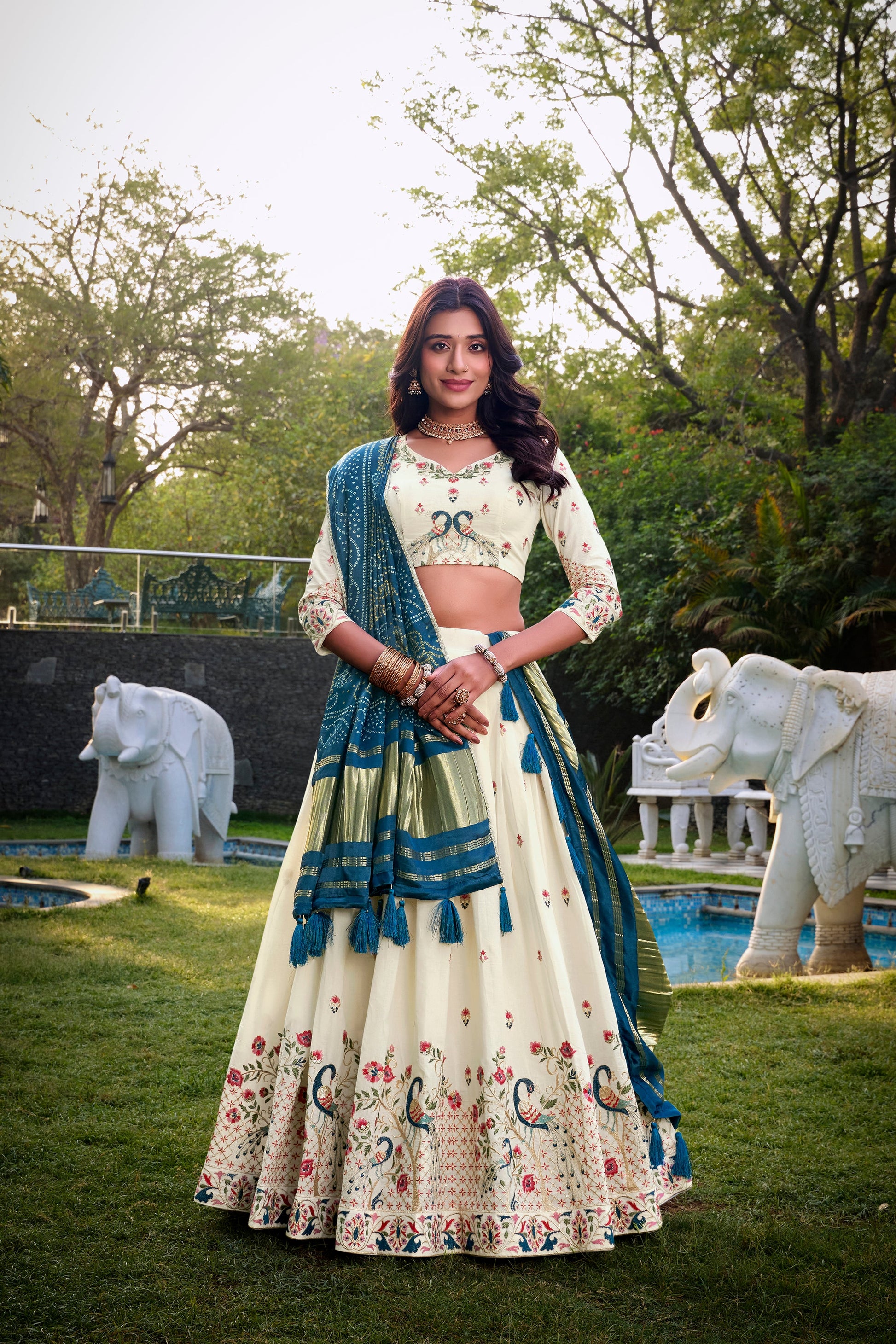 Lorenvalley Offwhite Khadi Cotton Sequins And Thread Embroidery Work Lehenga Choli with Dupatta | Swadesiicart