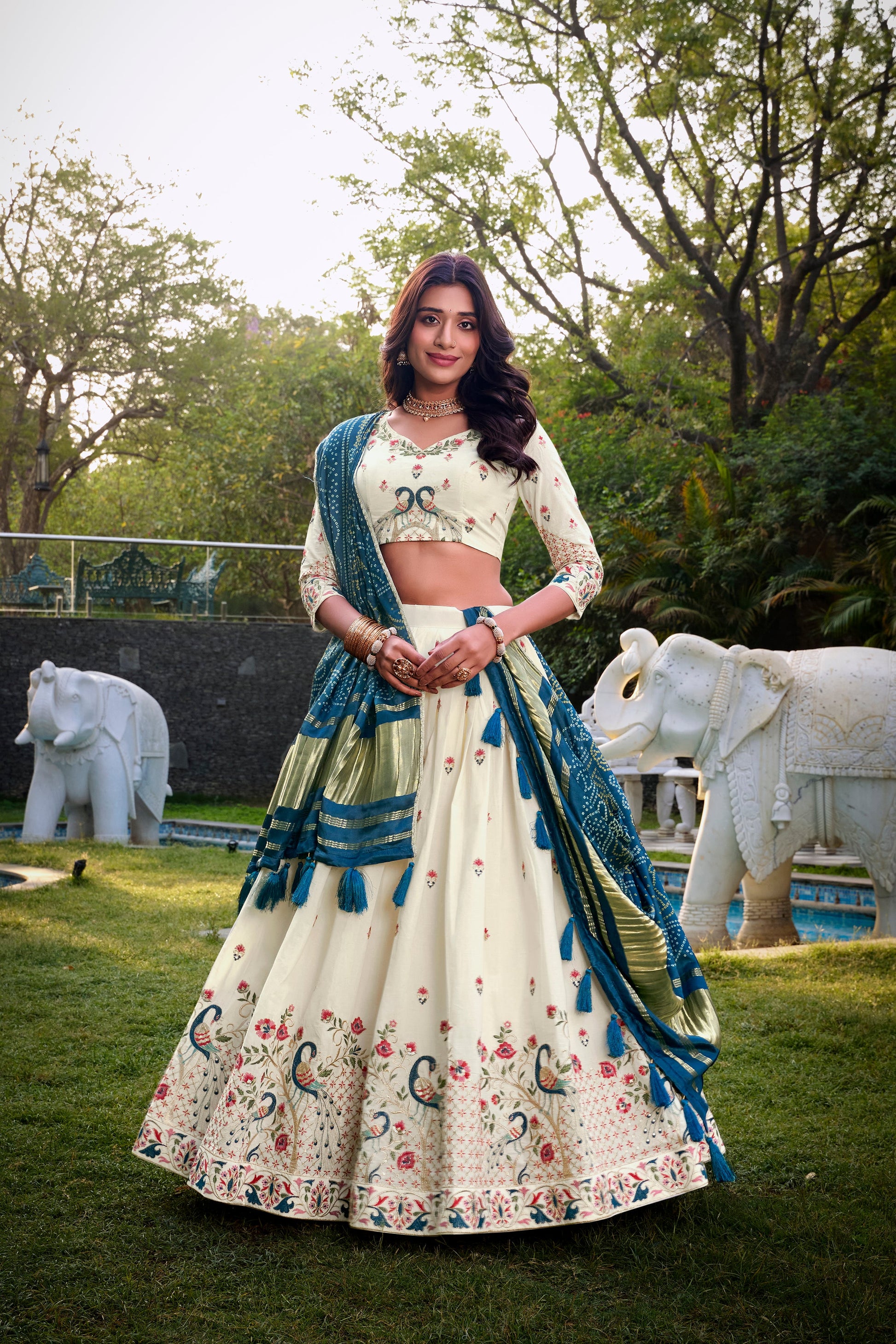 Lorenvalley Offwhite Khadi Cotton Sequins And Thread Embroidery Work Lehenga Choli with Dupatta | Swadesiicart