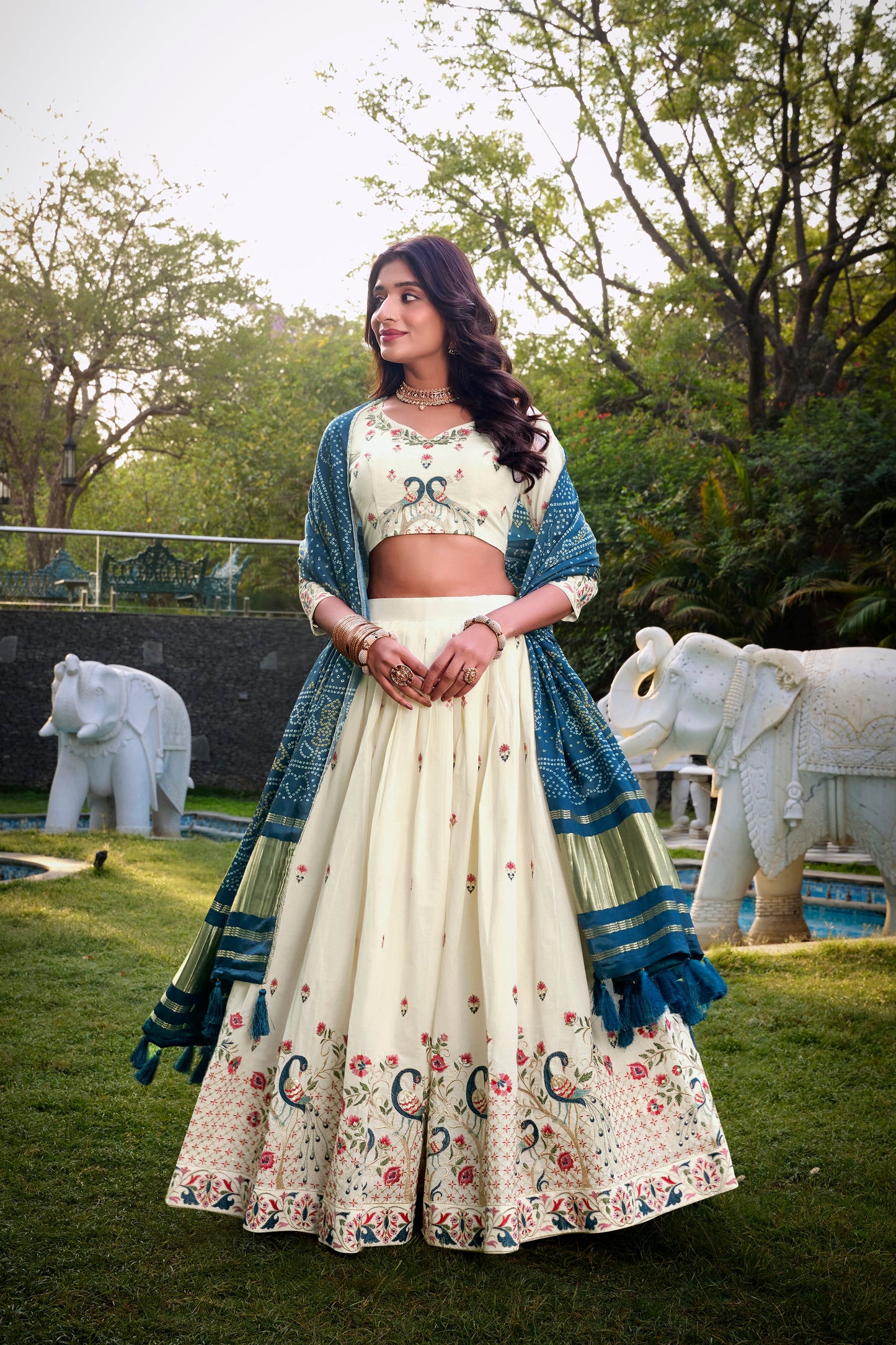 Lorenvalley Offwhite Khadi Cotton Sequins And Thread Embroidery Work Lehenga Choli with Dupatta | Swadesiicart