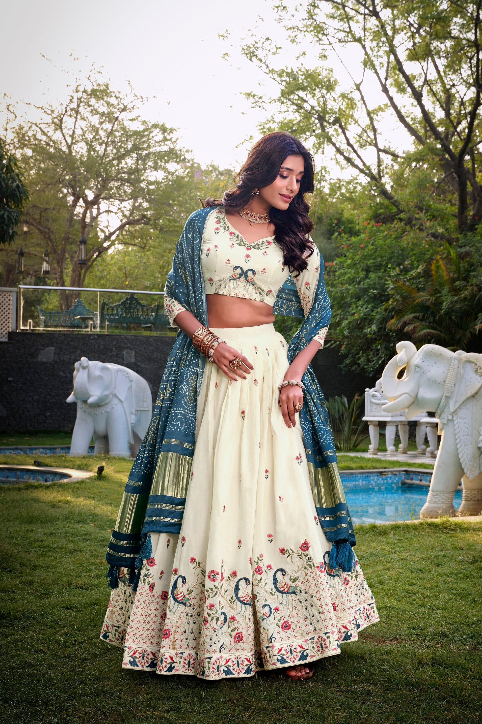 Lorenvalley Offwhite Khadi Cotton Sequins And Thread Embroidery Work Lehenga Choli with Dupatta | Swadesiicart
