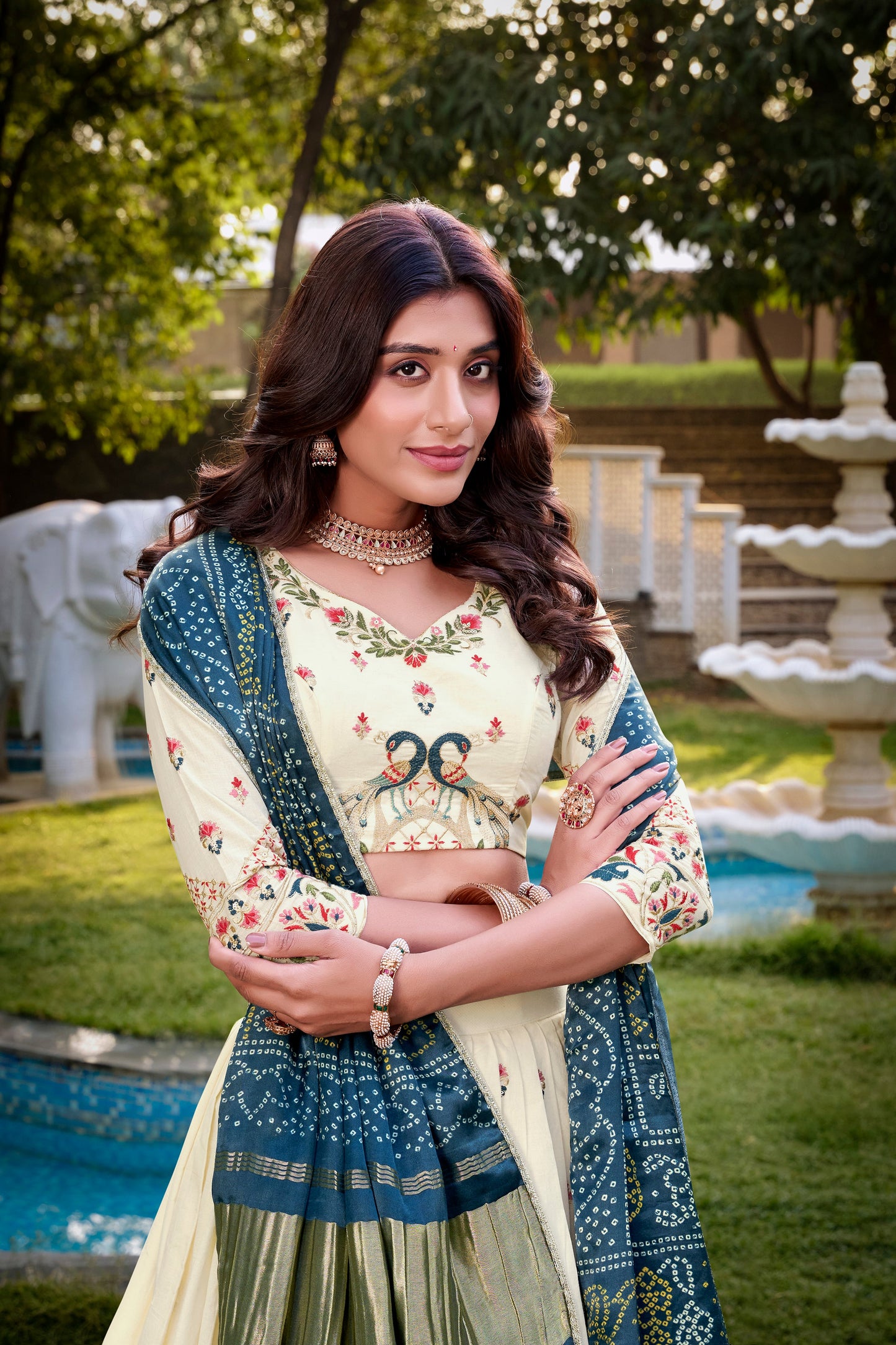 Lorenvalley Offwhite Khadi Cotton Sequins And Thread Embroidery Work Lehenga Choli with Dupatta | Swadesiicart