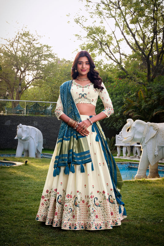 Lorenvalley Offwhite Khadi Cotton Sequins And Thread Embroidery Work Lehenga Choli with Dupatta | Swadesiicart