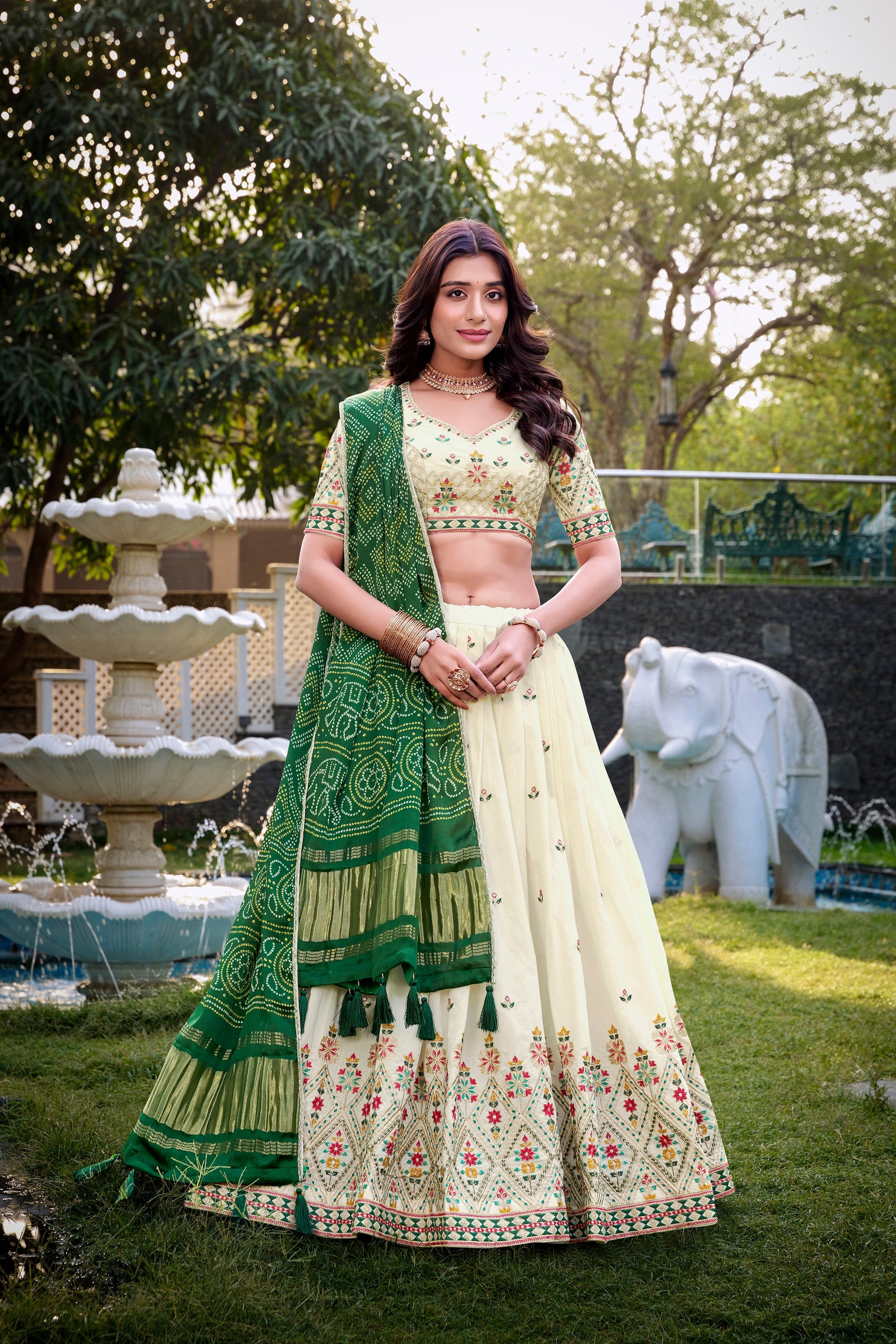 Lorenvalley Offwhite Khadi Cotton Sequins And Thread Embroidery Work Lehenga Choli with Dupatta | Swadesiicart