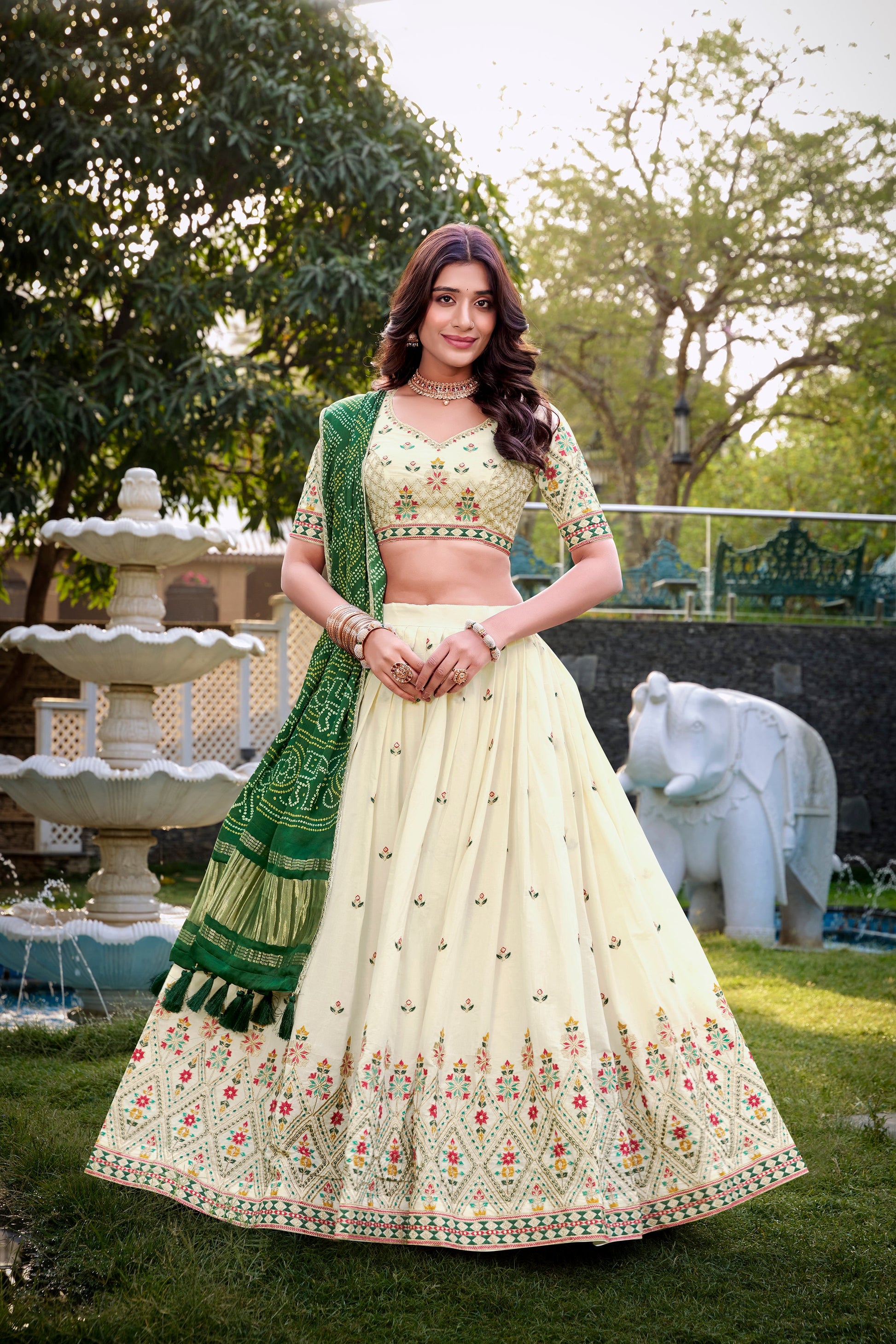 Lorenvalley Offwhite Khadi Cotton Sequins And Thread Embroidery Work Lehenga Choli with Dupatta | Swadesiicart