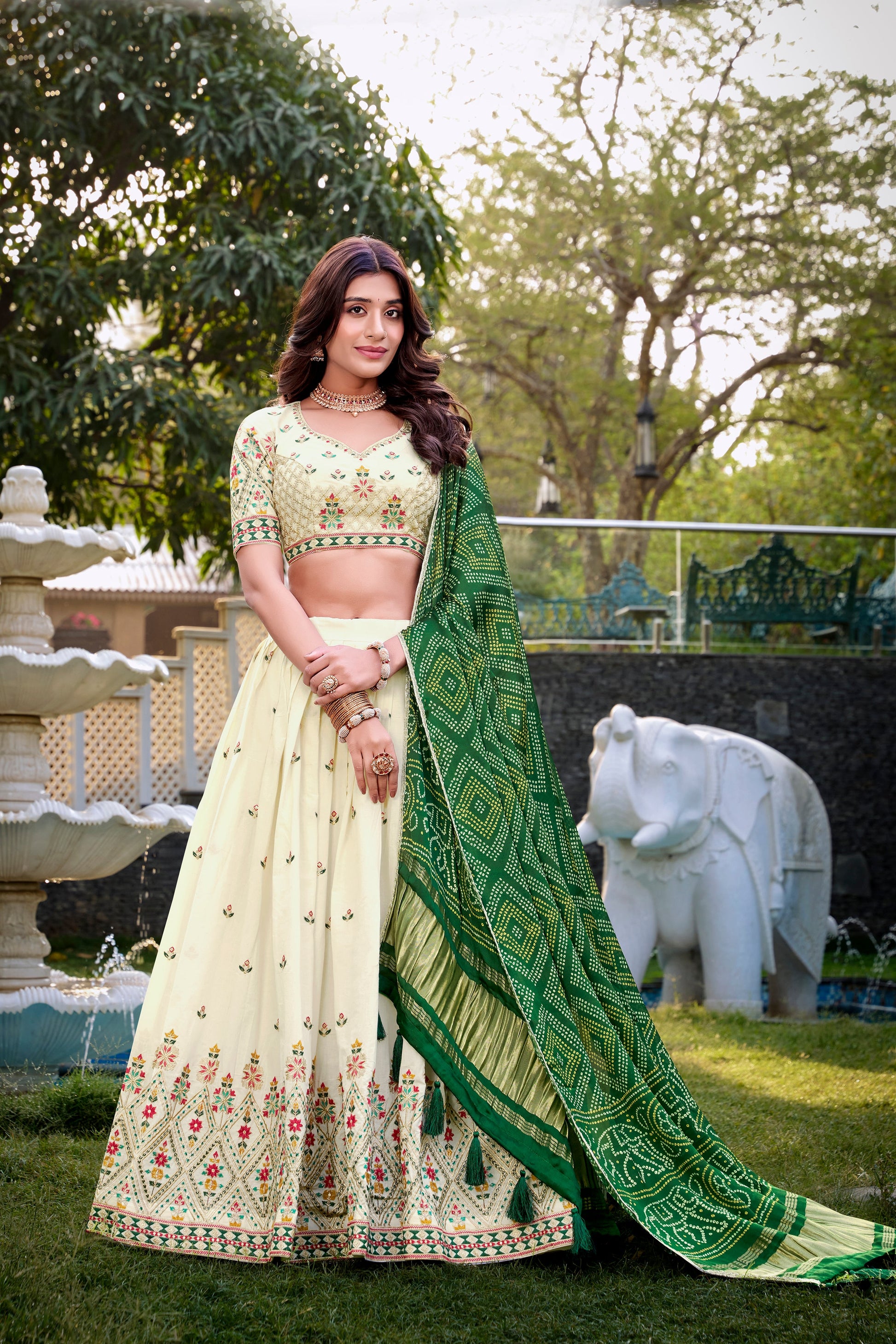 Lorenvalley Offwhite Khadi Cotton Sequins And Thread Embroidery Work Lehenga Choli with Dupatta | Swadesiicart