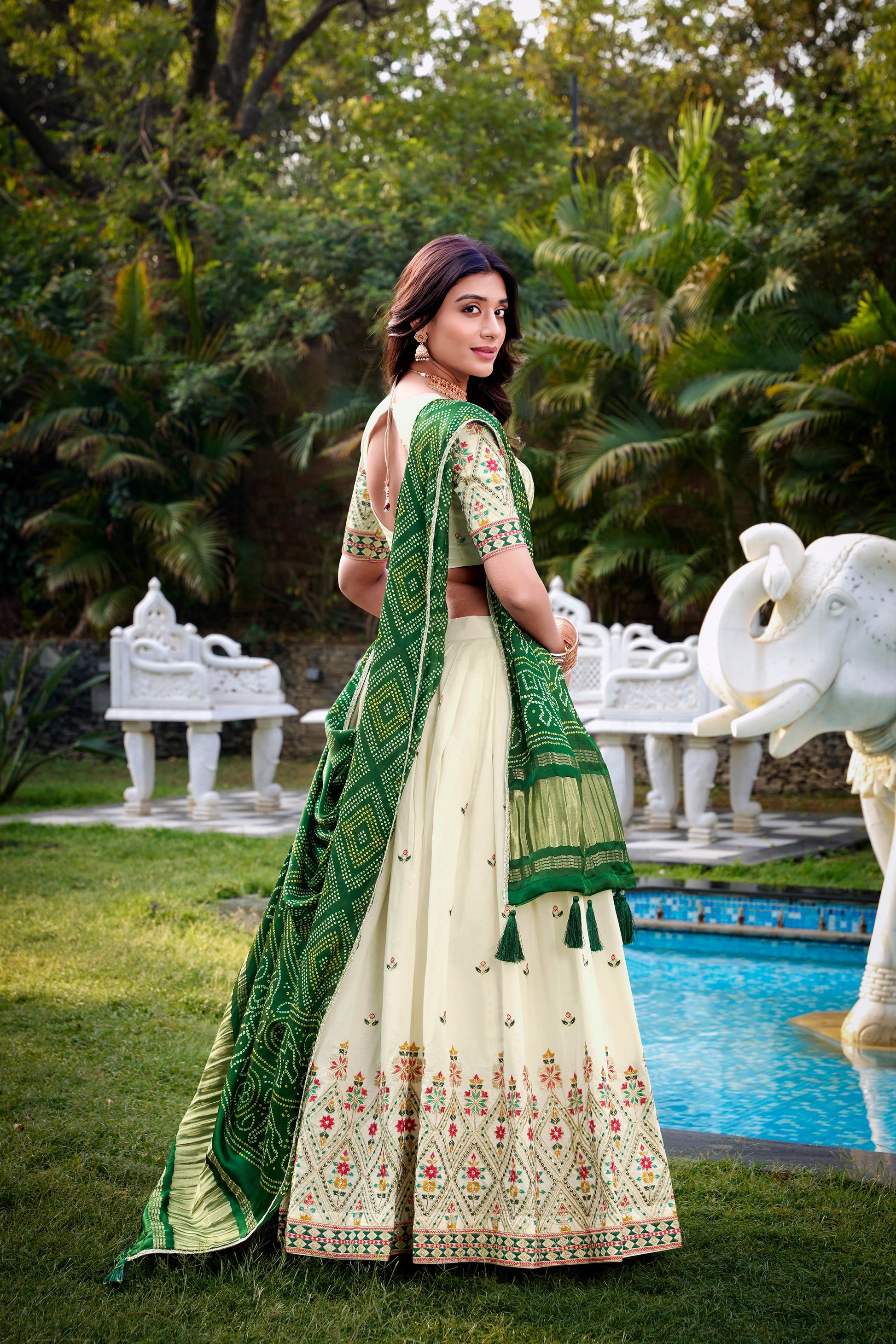 Lorenvalley Offwhite Khadi Cotton Sequins And Thread Embroidery Work Lehenga Choli with Dupatta | Swadesiicart