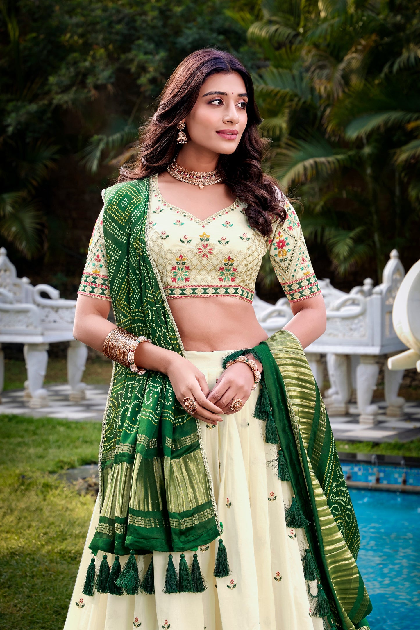 Lorenvalley Offwhite Khadi Cotton Sequins And Thread Embroidery Work Lehenga Choli with Dupatta | Swadesiicart