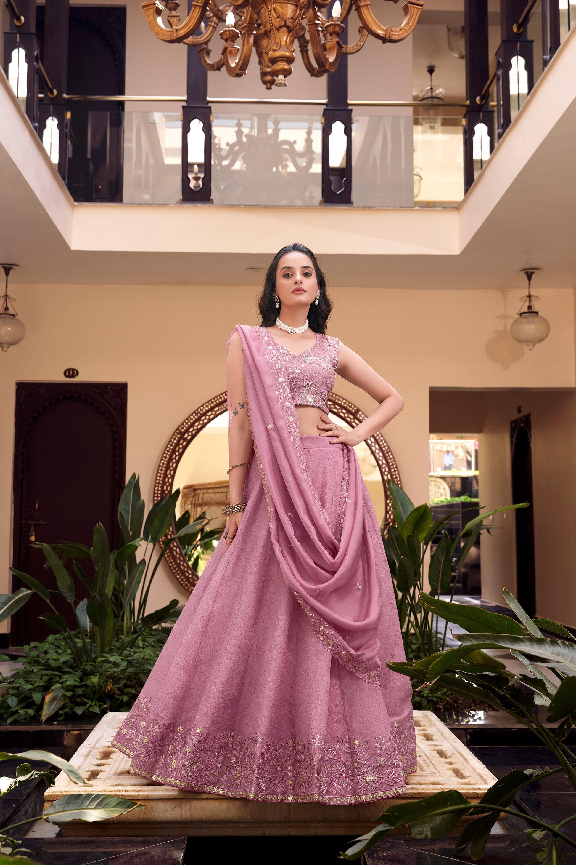 Lorenvalley Purple Vichitra Silk Embellishment With Pearl Coding And Sequins Embroidery Work Lehenga Choli with Dupatta | Swadesiicart